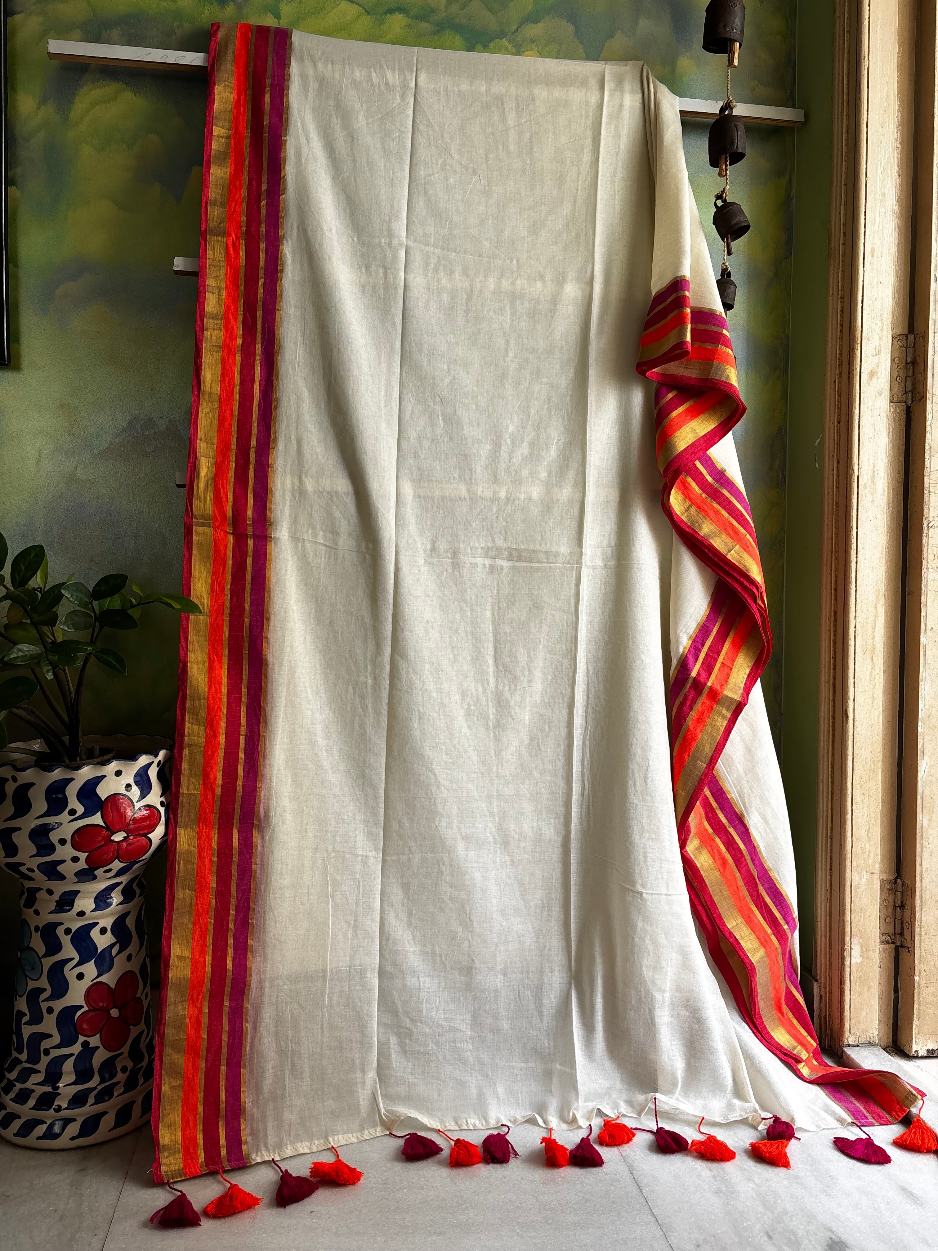 Cream Colour Orange Maroon Border Mul Cotton Saree