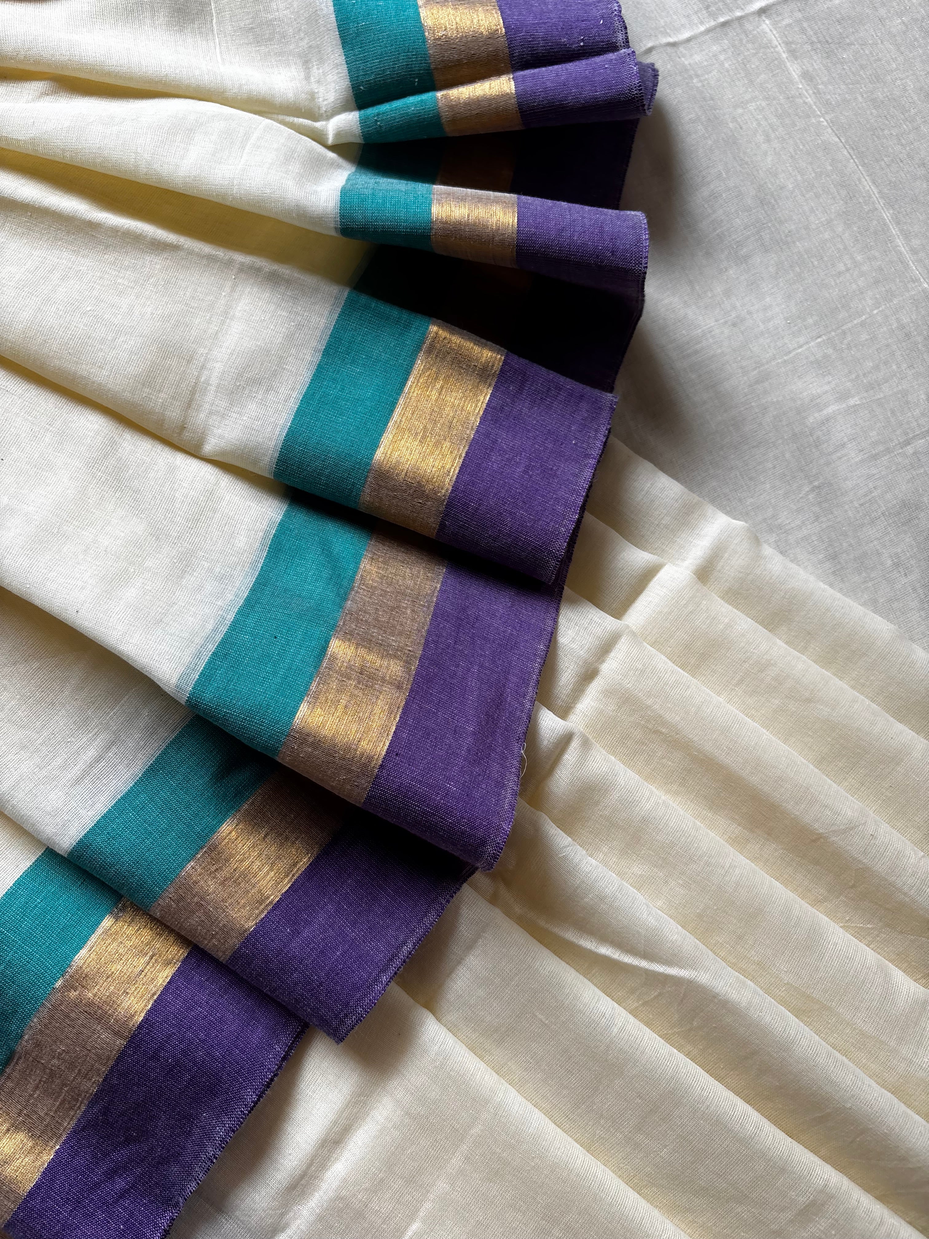 Cream Colour Purple Rama Green Border Mul Cotton Saree