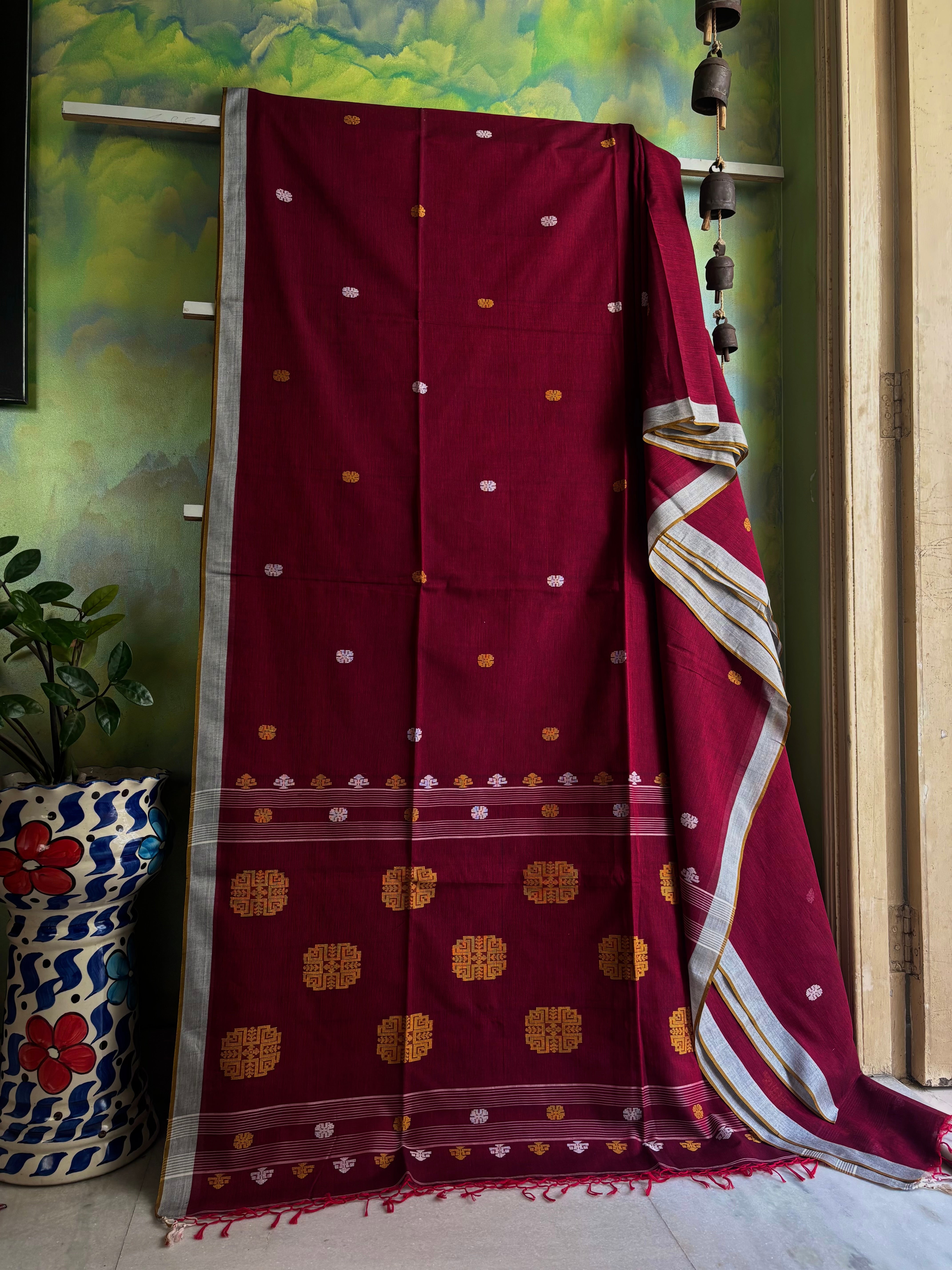 Handwoven Maroon Colour Cotton Jamdani Saree