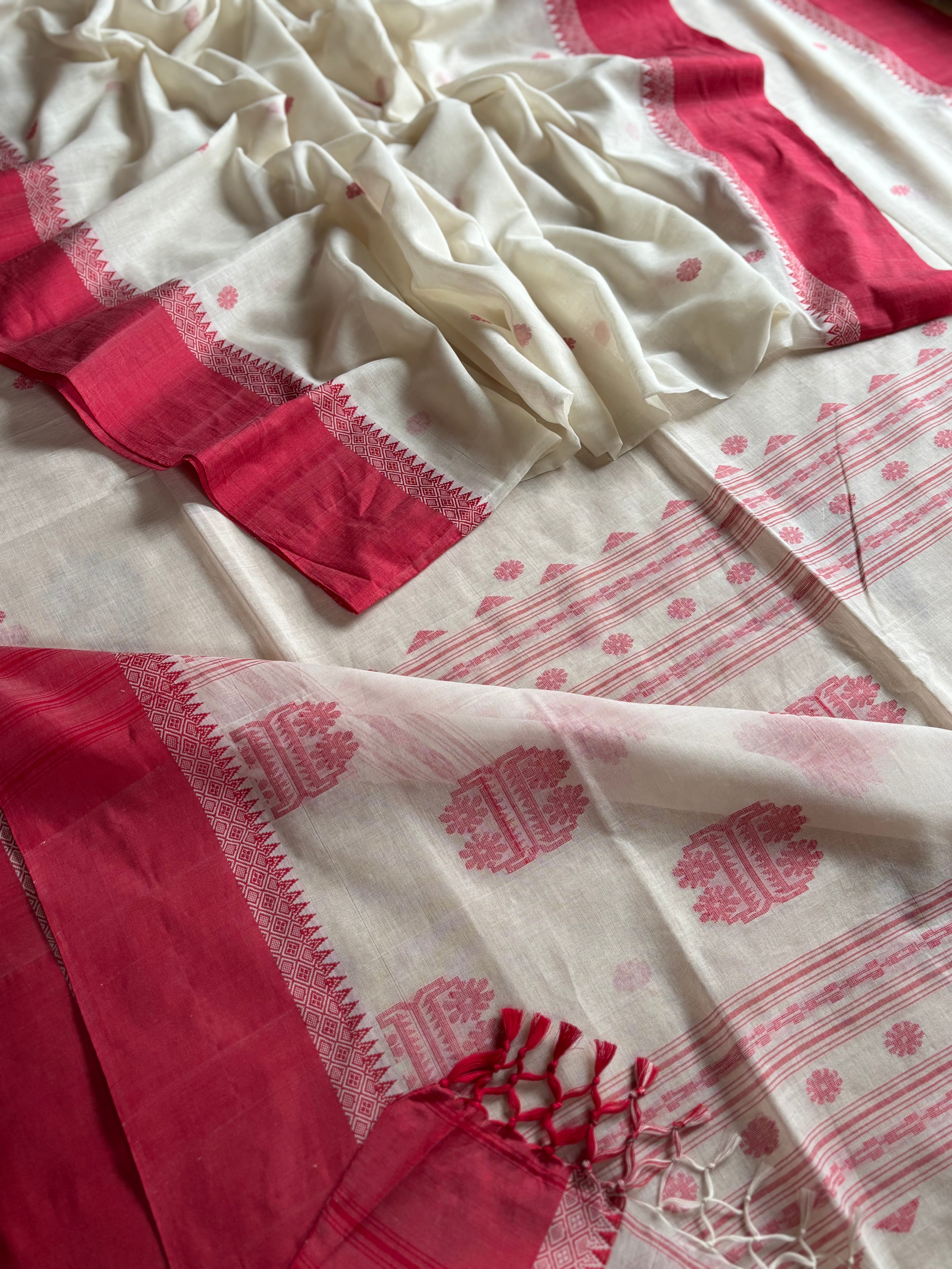 Handwoven White Red Jamdani Phulia Cotton Saree