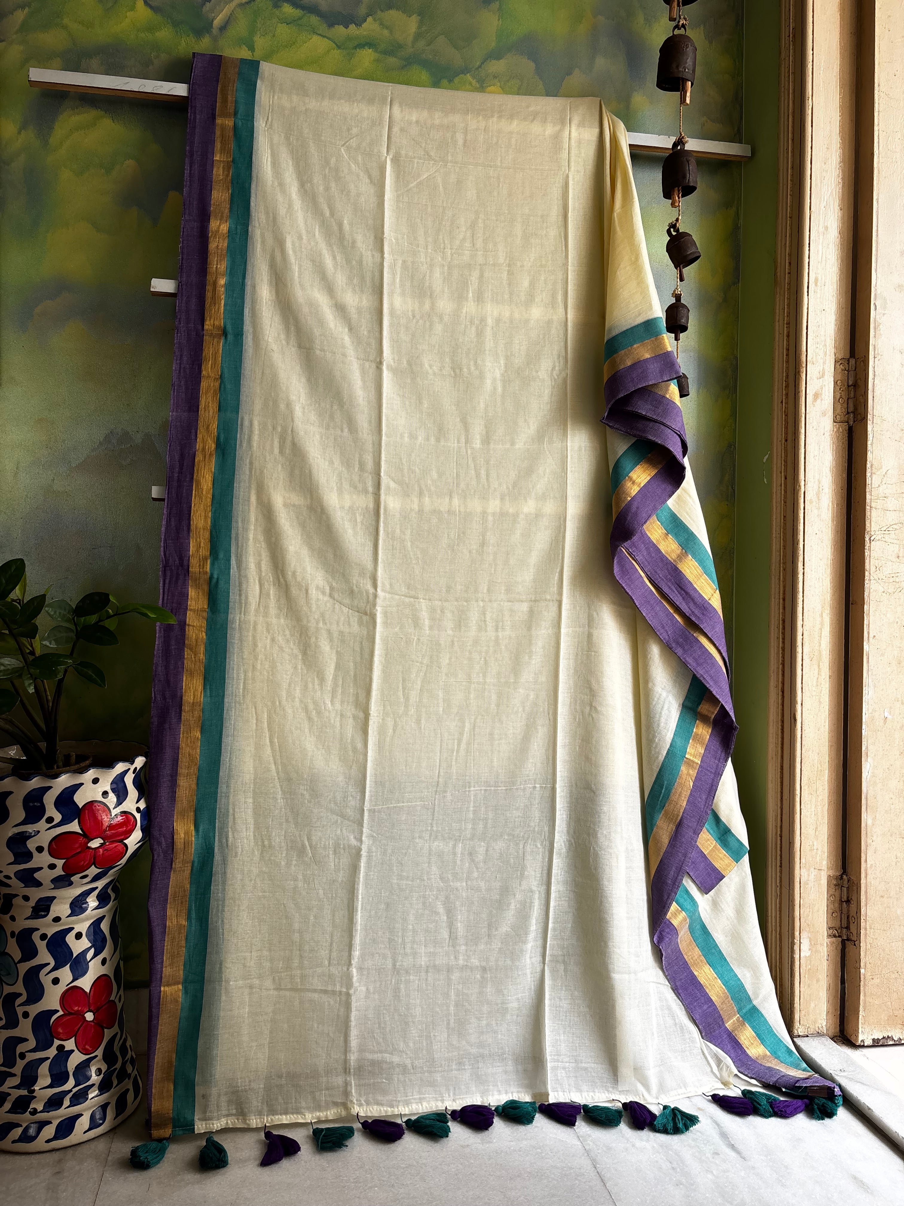 Cream Colour Purple Rama Green Border Mul Cotton Saree