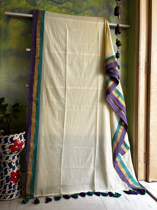 Cream Colour Purple Rama Green Border Mul Cotton Saree