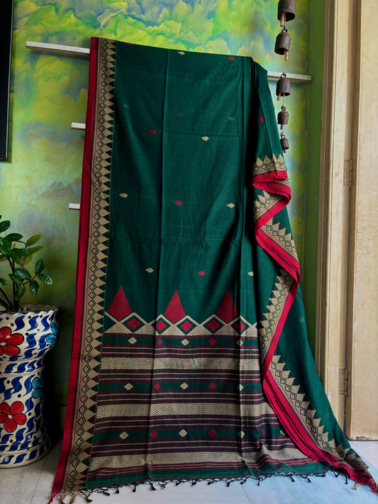 Handwoven Green Red Colour Phulia Cotton Saree