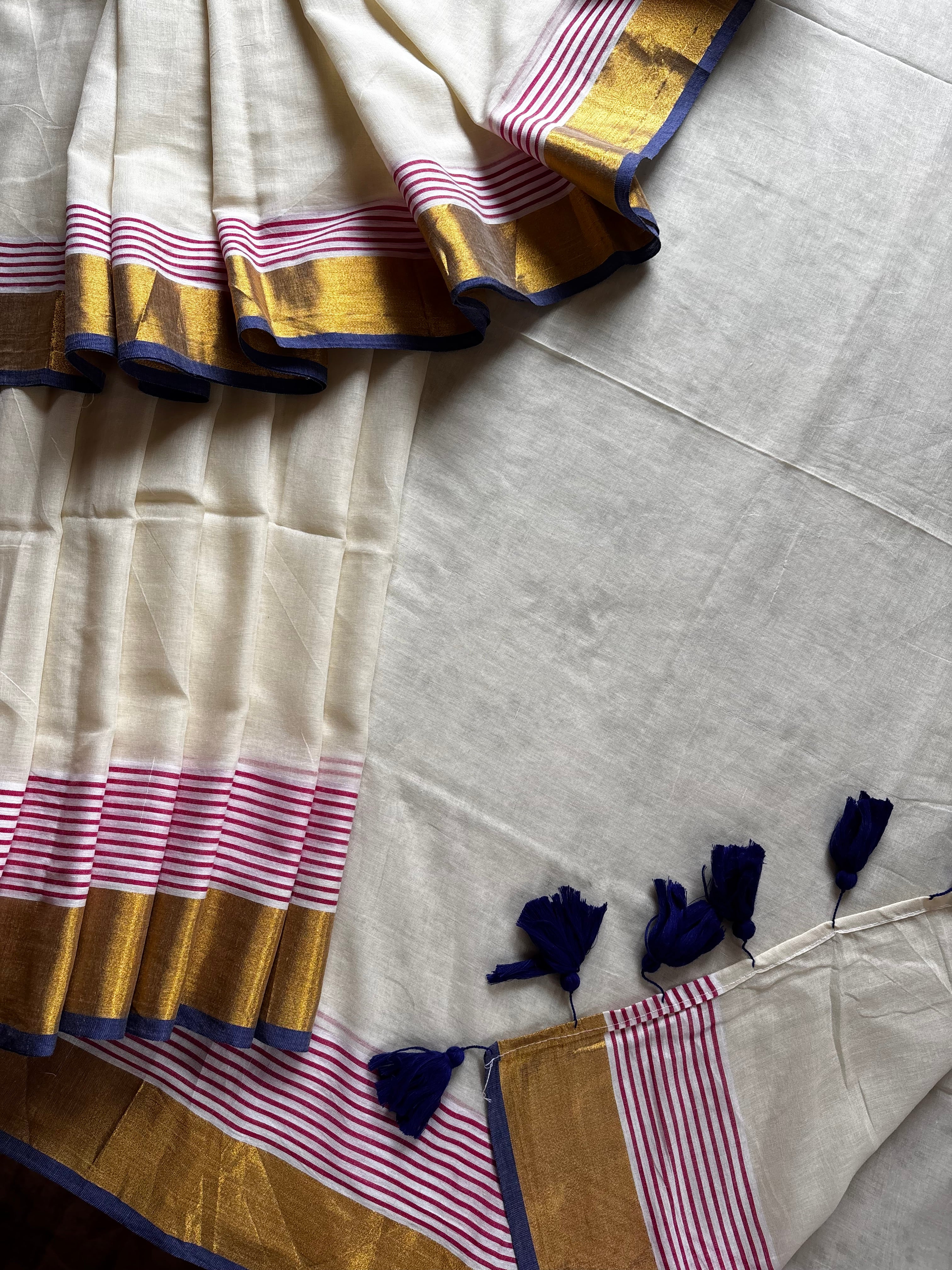 Cream Colour Blue Pink Zari Border Mul Cotton Saree