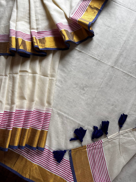 Cream Colour Blue Pink Zari Border Mul Cotton Saree