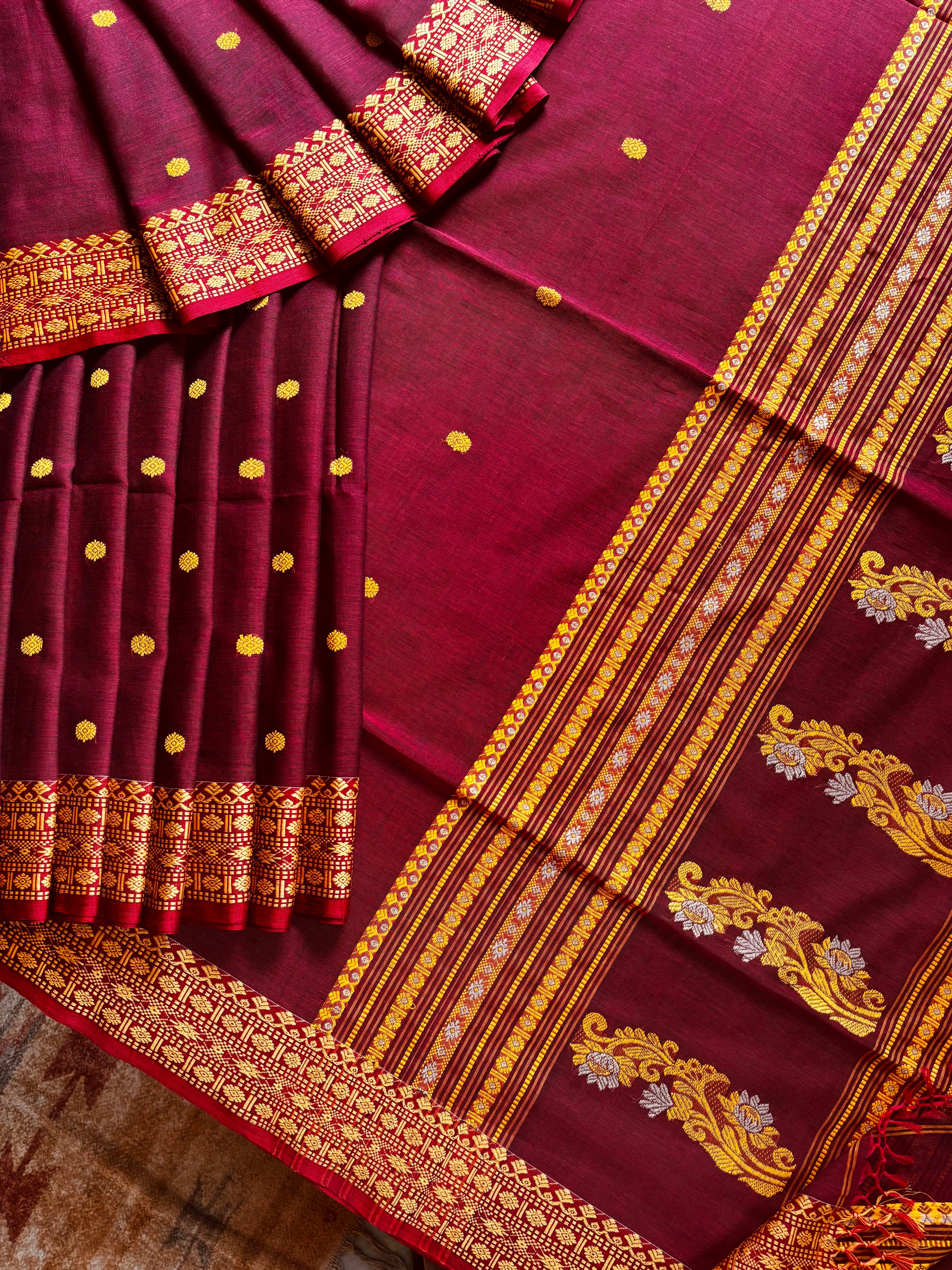 Handwoven Reddish Maroon Phulia Cotton Saree