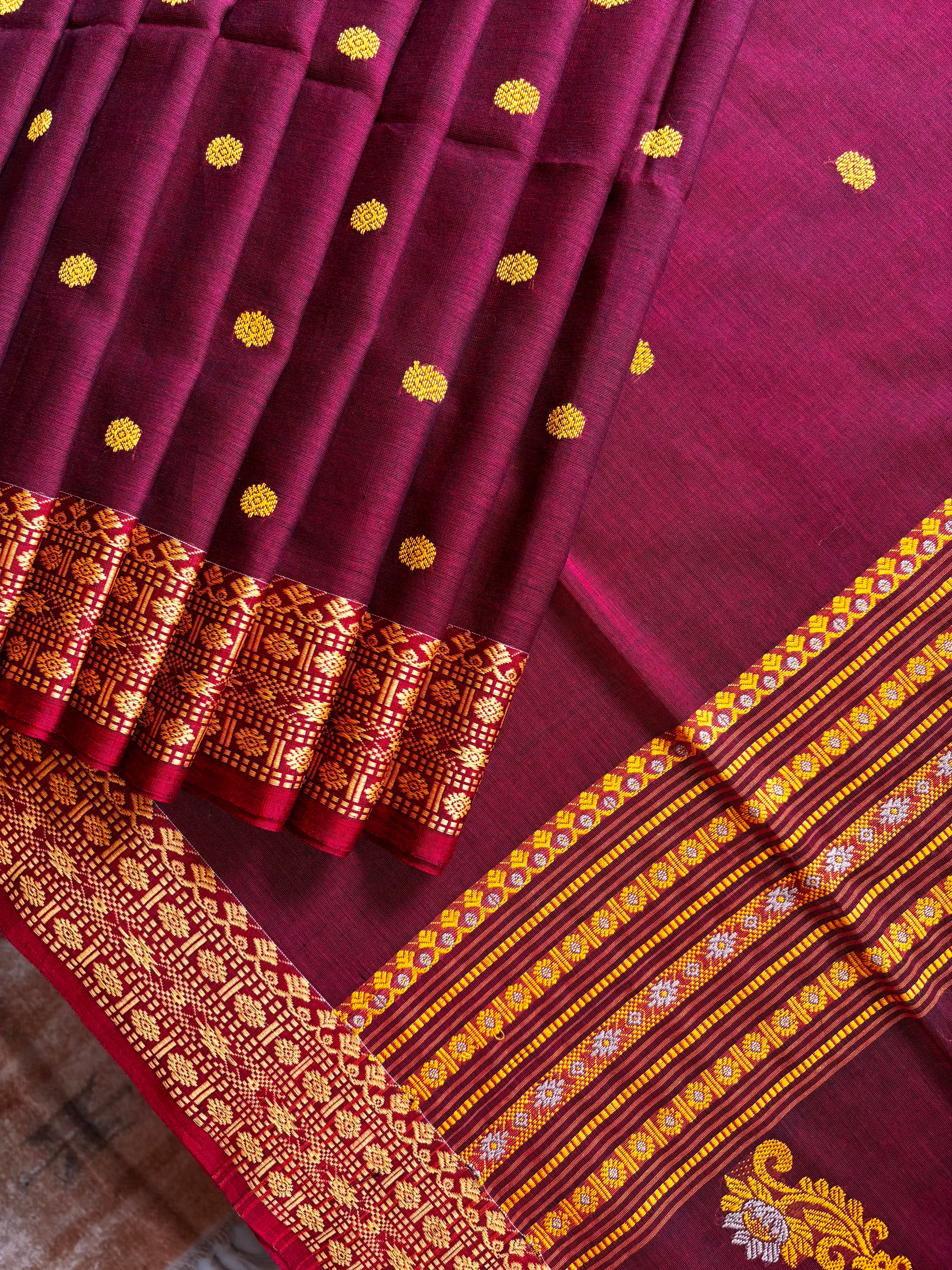 Handwoven Reddish Maroon Phulia Cotton Saree
