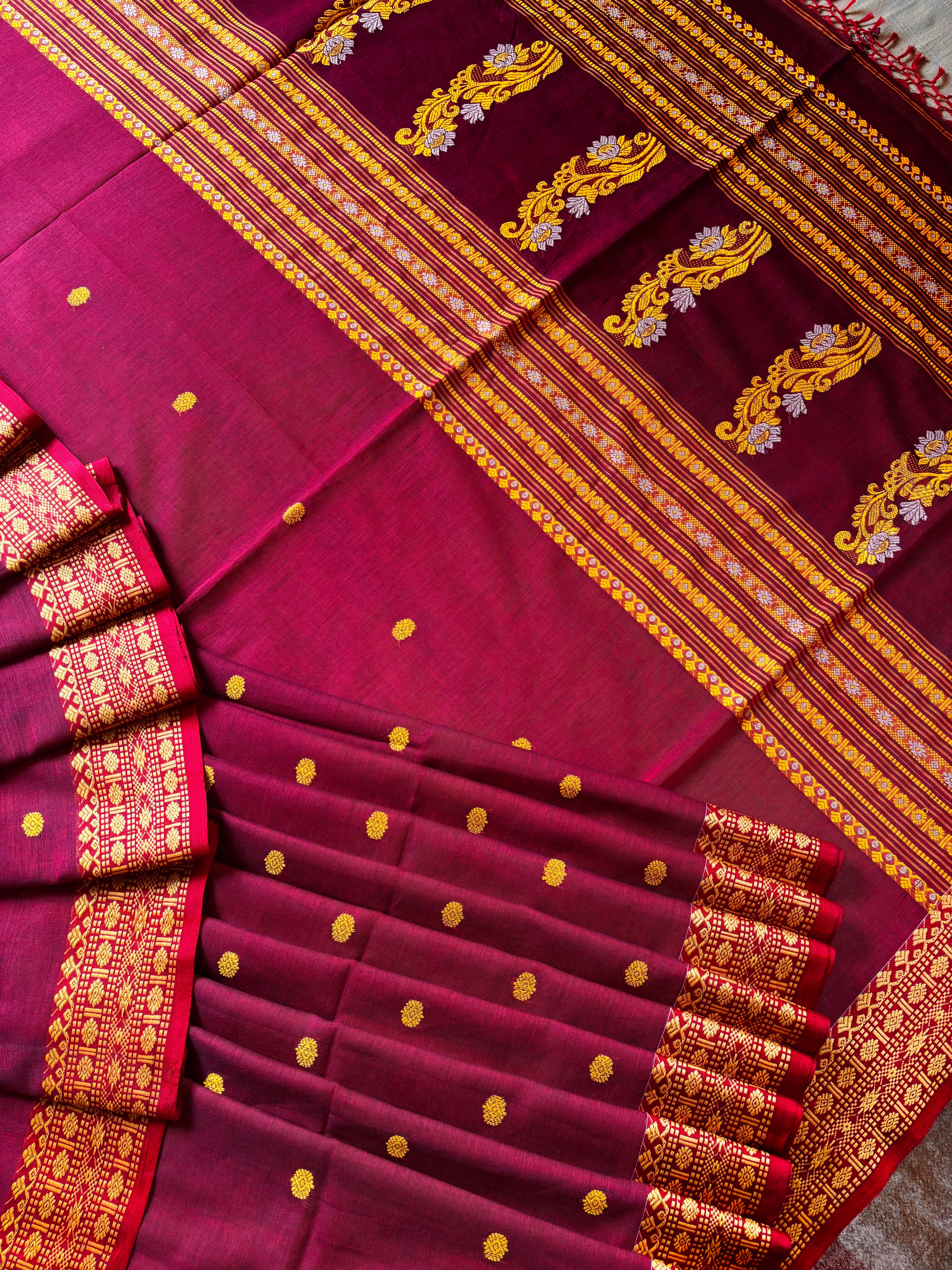 Handwoven Reddish Maroon Phulia Cotton Saree