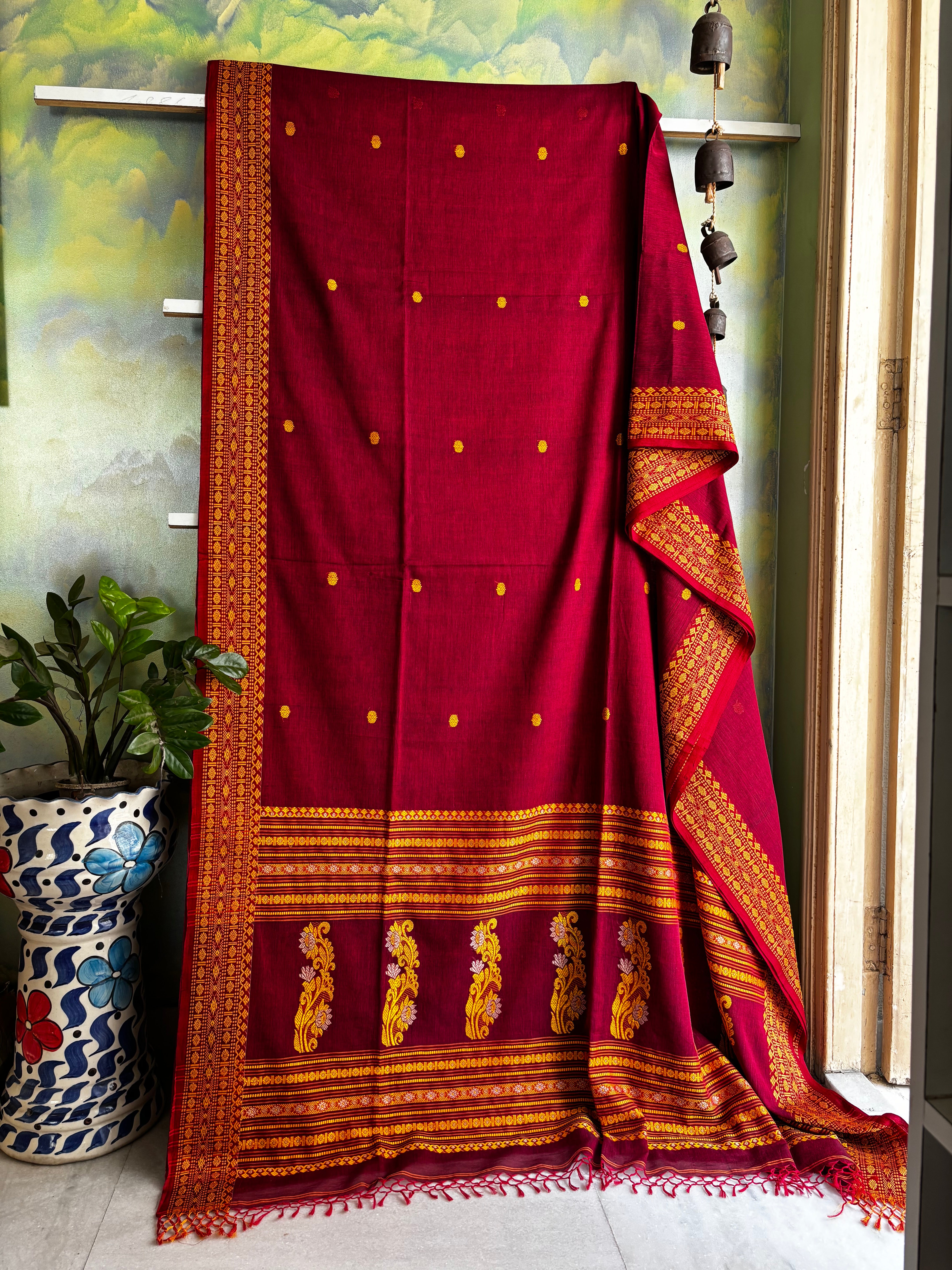 Handwoven Reddish Maroon Phulia Cotton Saree