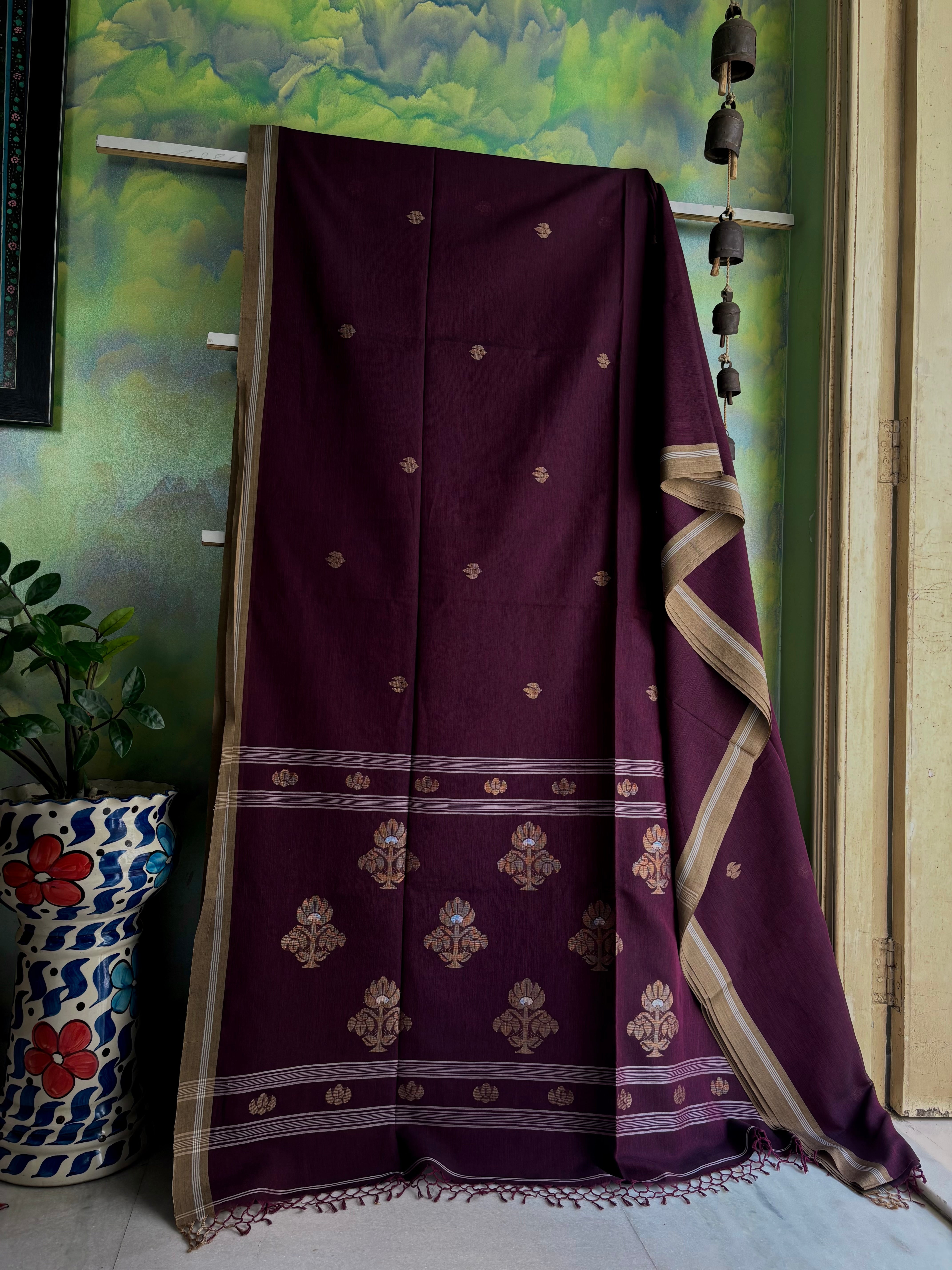 Handwoven Dark Plum Colour Cotton Jamdani Saree
