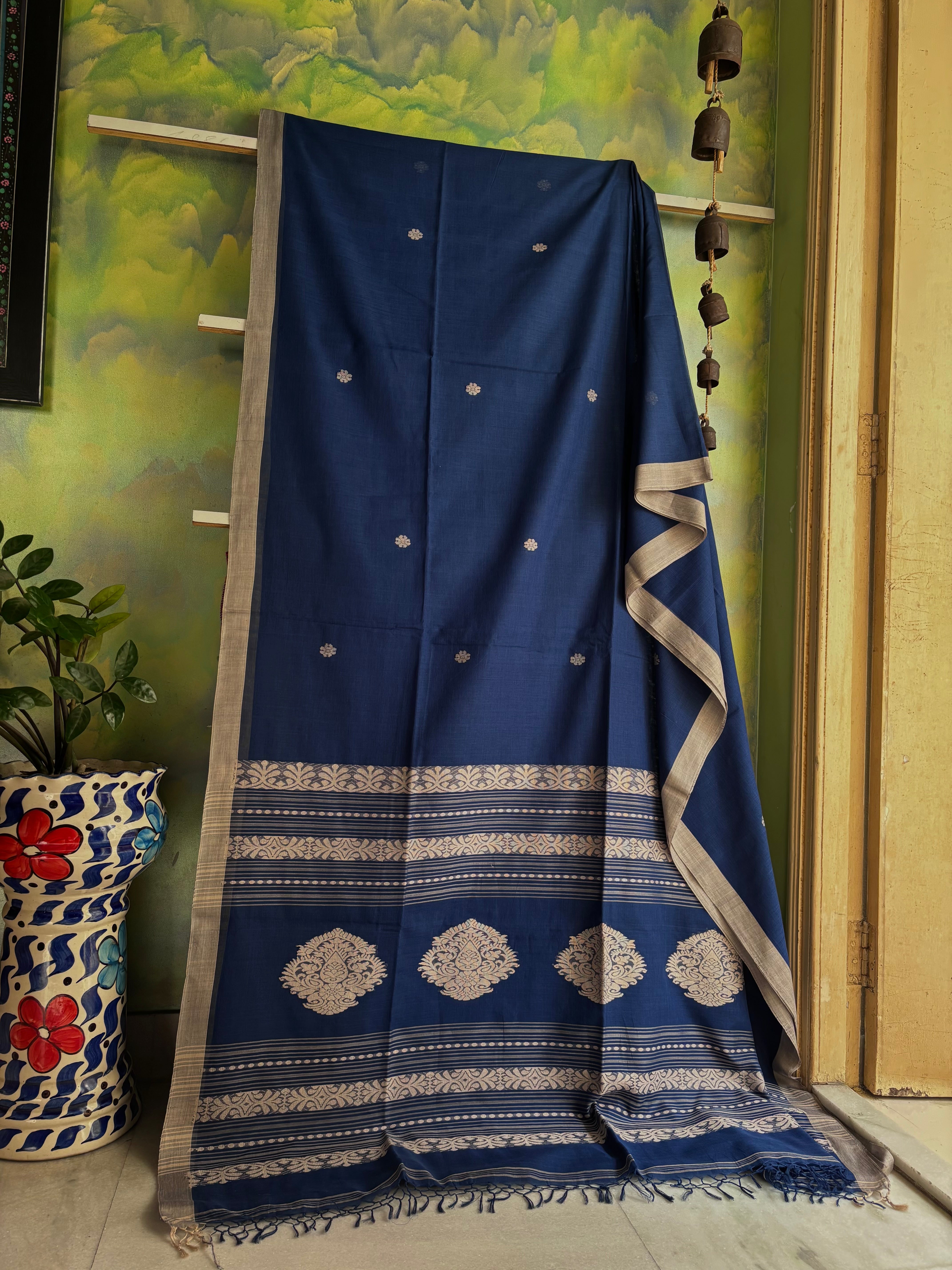 Handwoven Dusty Navy Colour Cotton Jamdani Saree