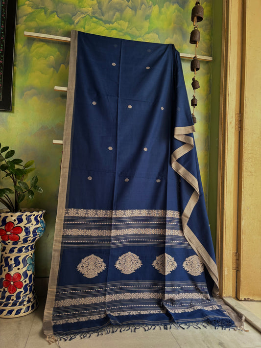 Handwoven Dusty Navy Colour Cotton Jamdani Saree