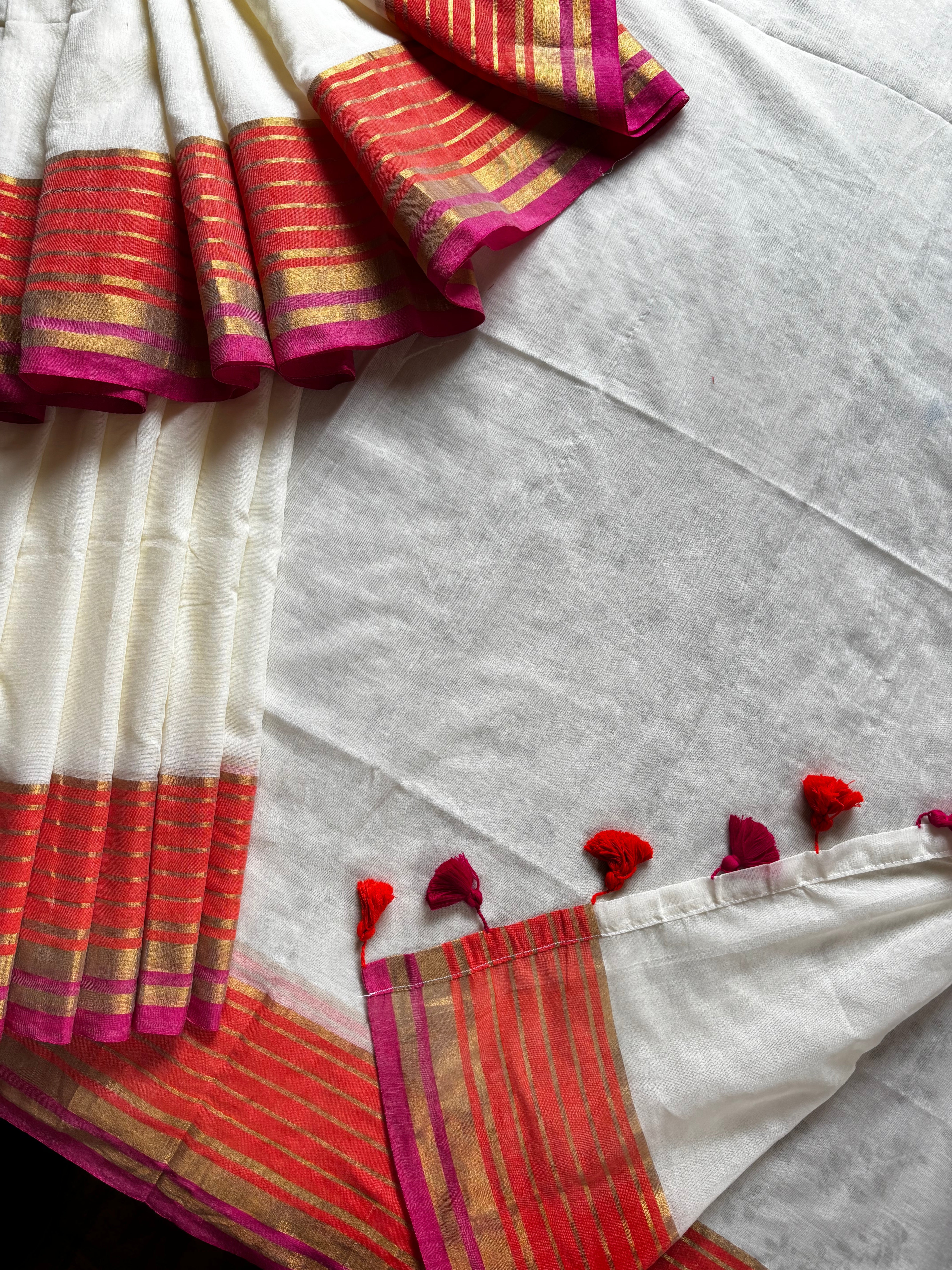 Cream Colour Orange Pink Zari Border Mul Cotton Saree