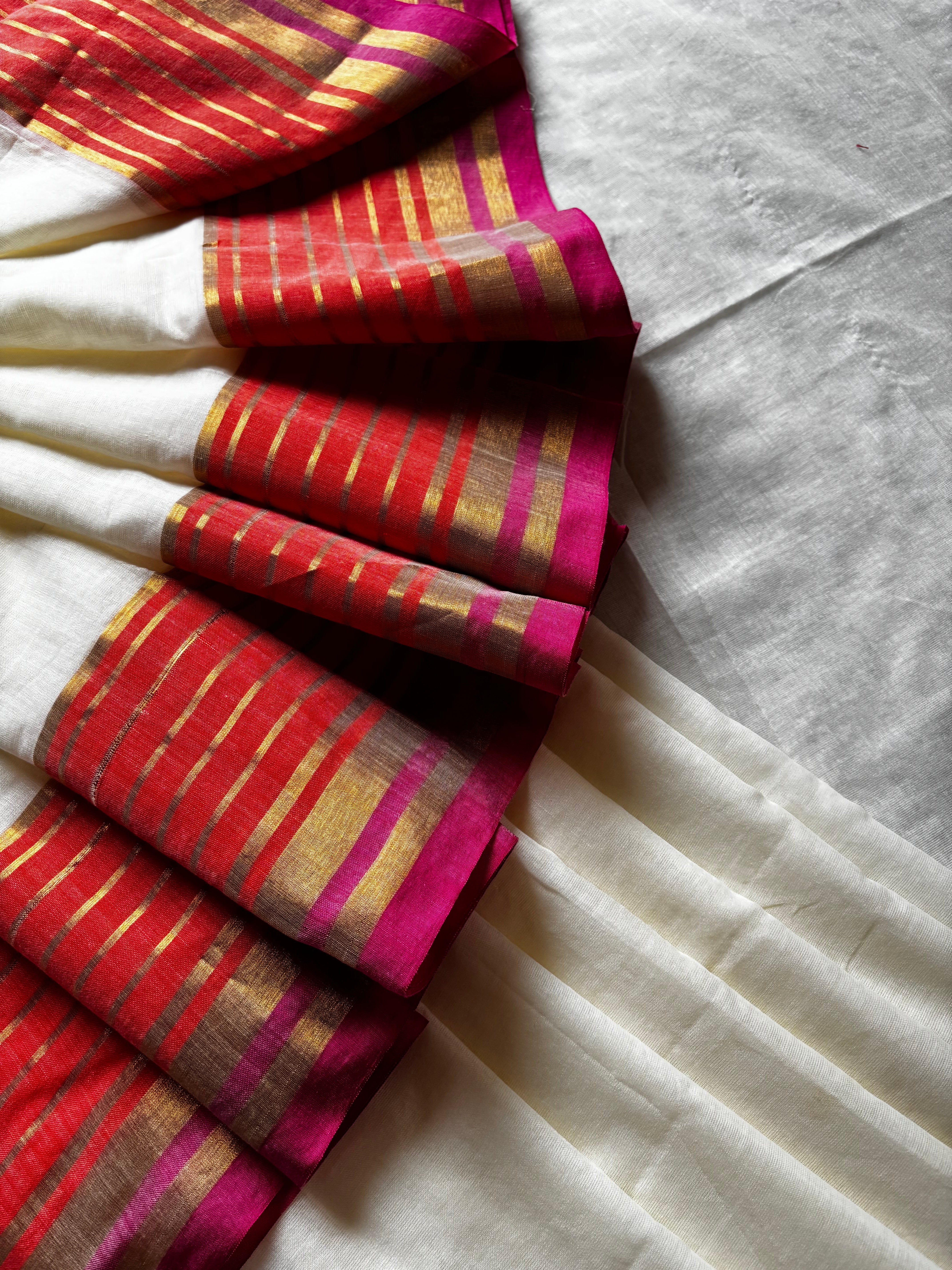Cream Colour Orange Pink Zari Border Mul Cotton Saree