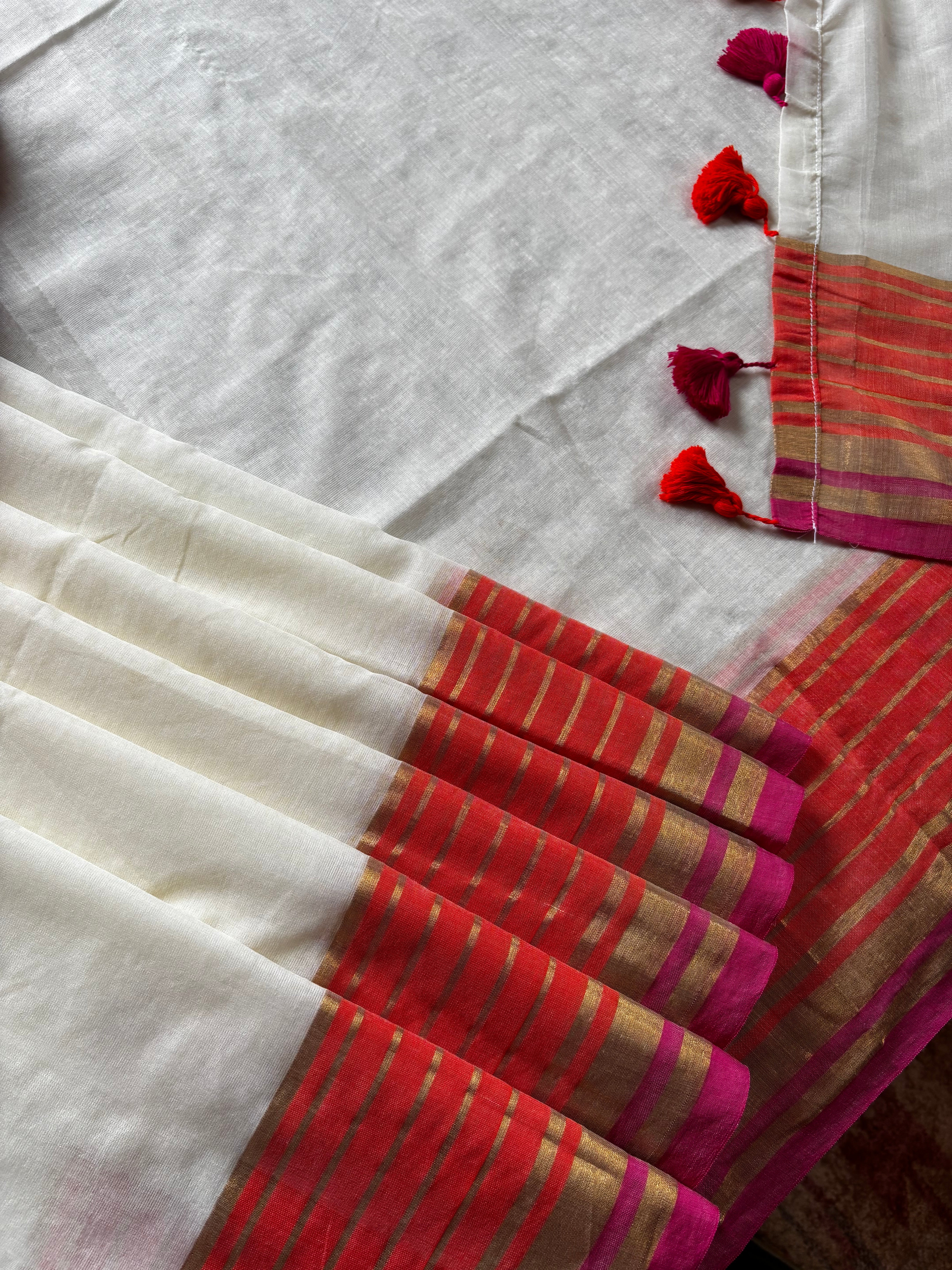 Cream Colour Orange Pink Zari Border Mul Cotton Saree