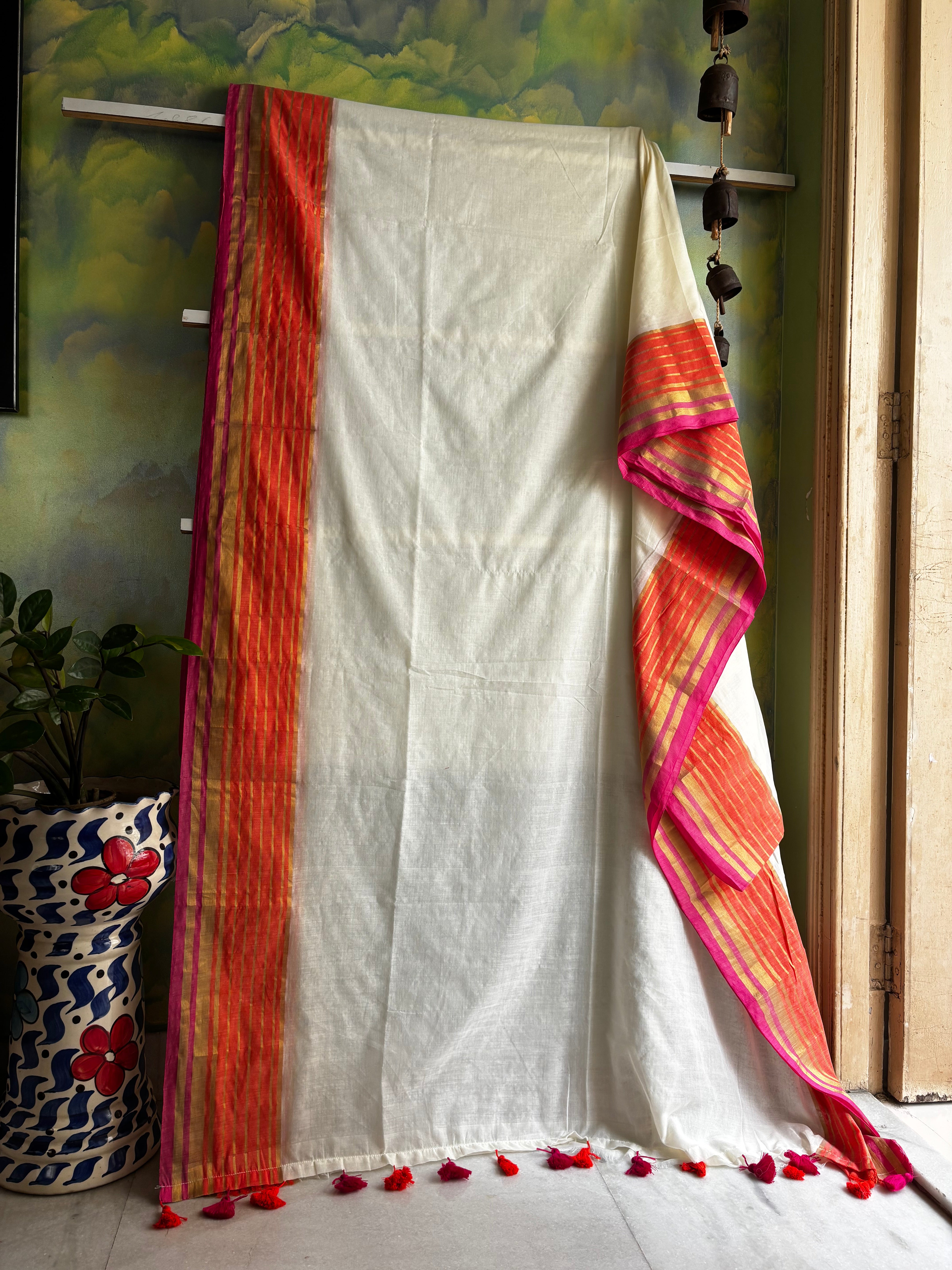 Cream Colour Orange Pink Zari Border Mul Cotton Saree