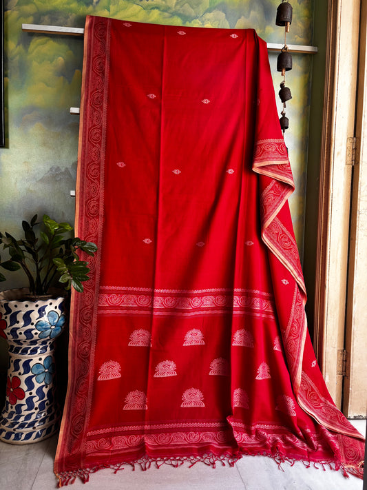 Handwoven Red Beige Phulia Cotton Saree