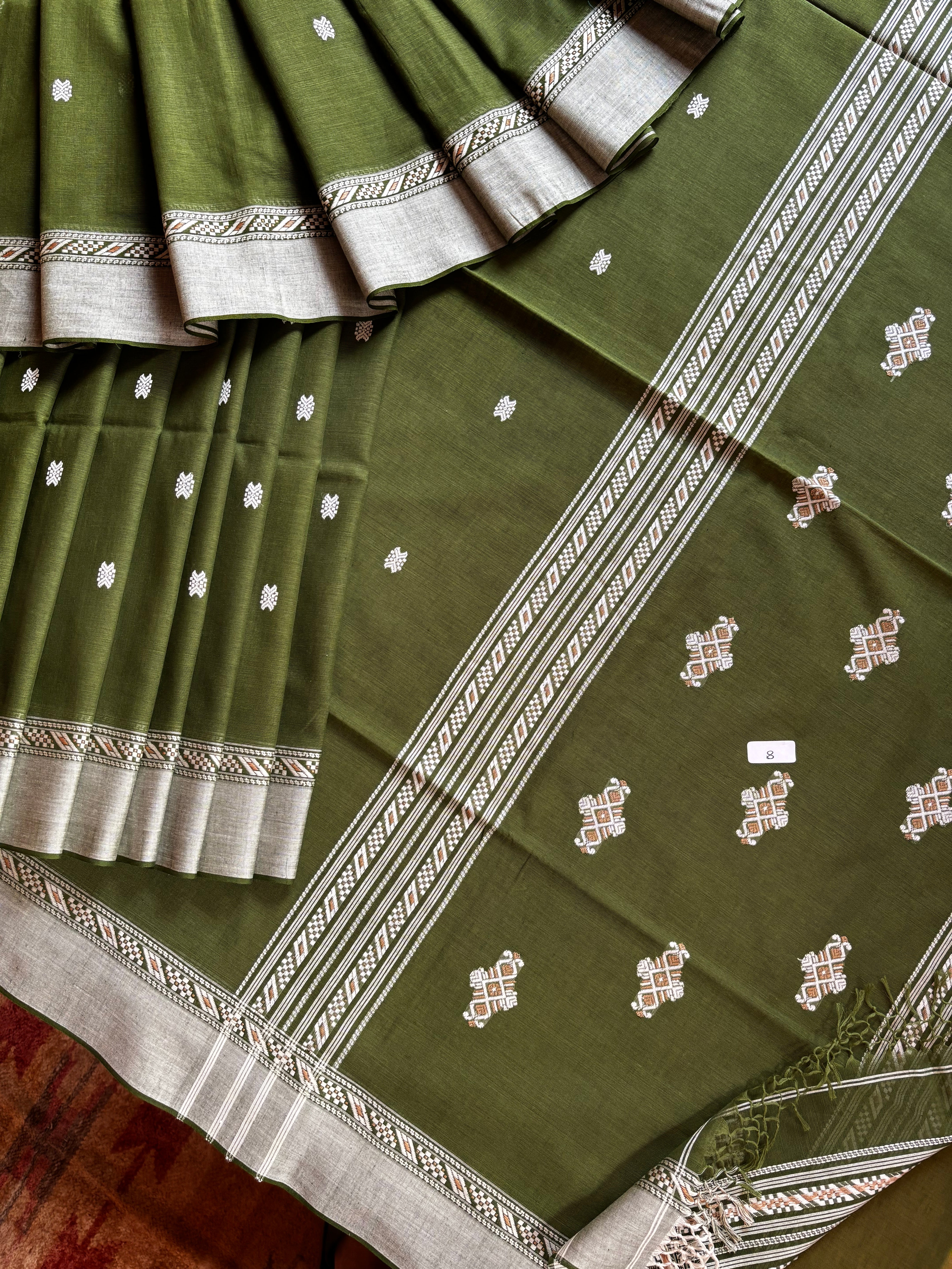 Handwoven Olive Green Phulia Cotton Saree