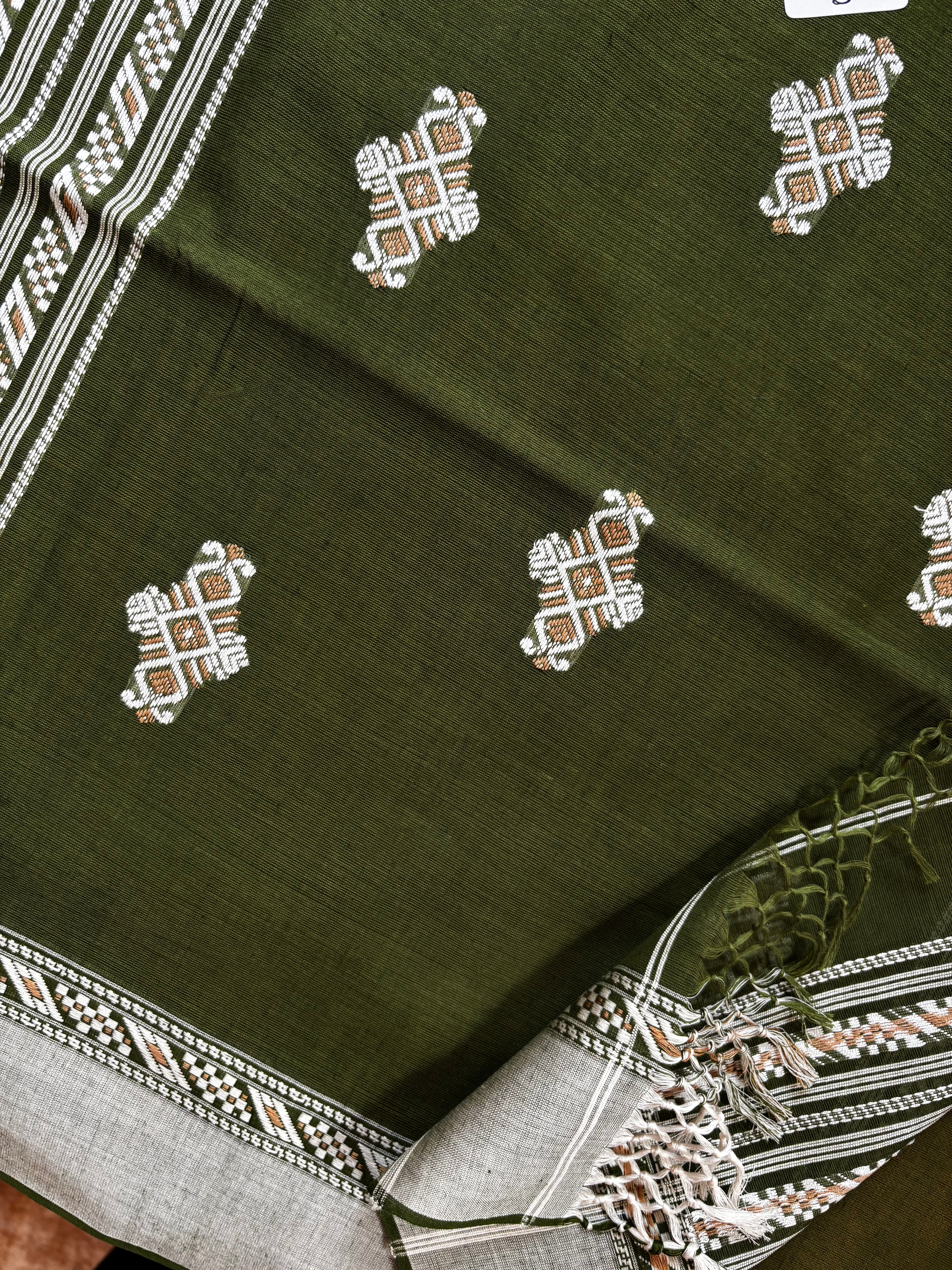 Handwoven Olive Green Phulia Cotton Saree