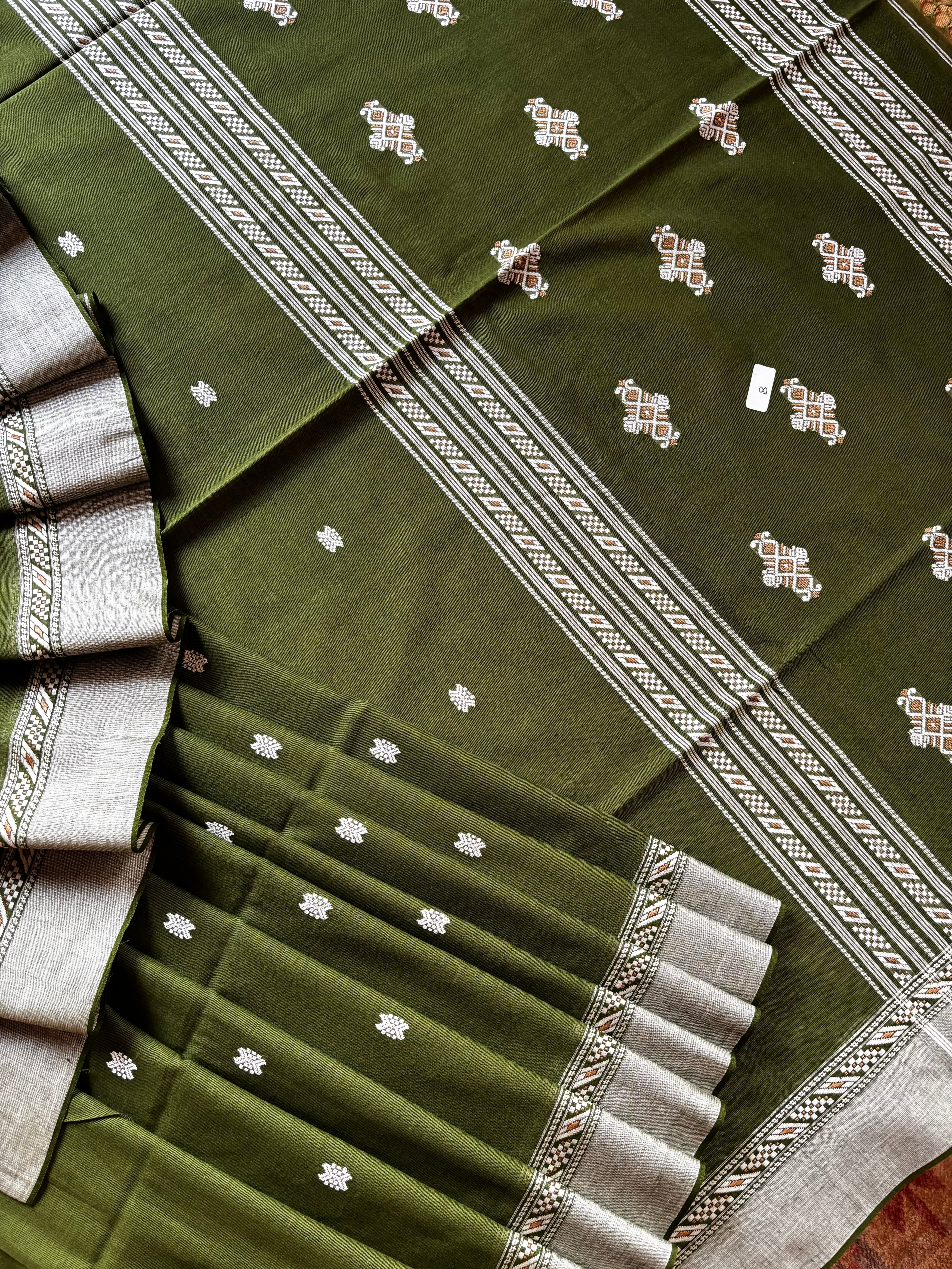Handwoven Olive Green Phulia Cotton Saree