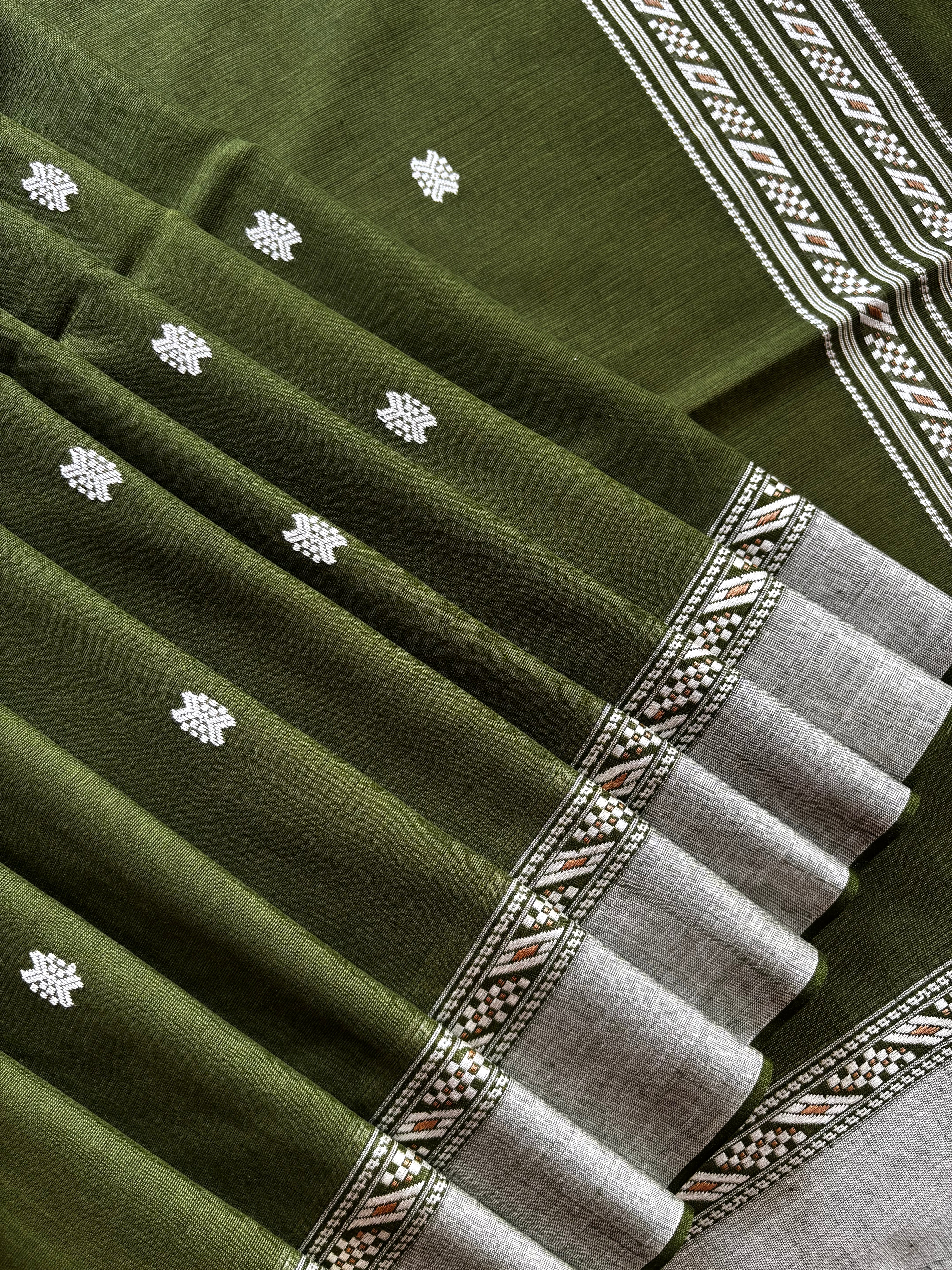 Handwoven Olive Green Phulia Cotton Saree