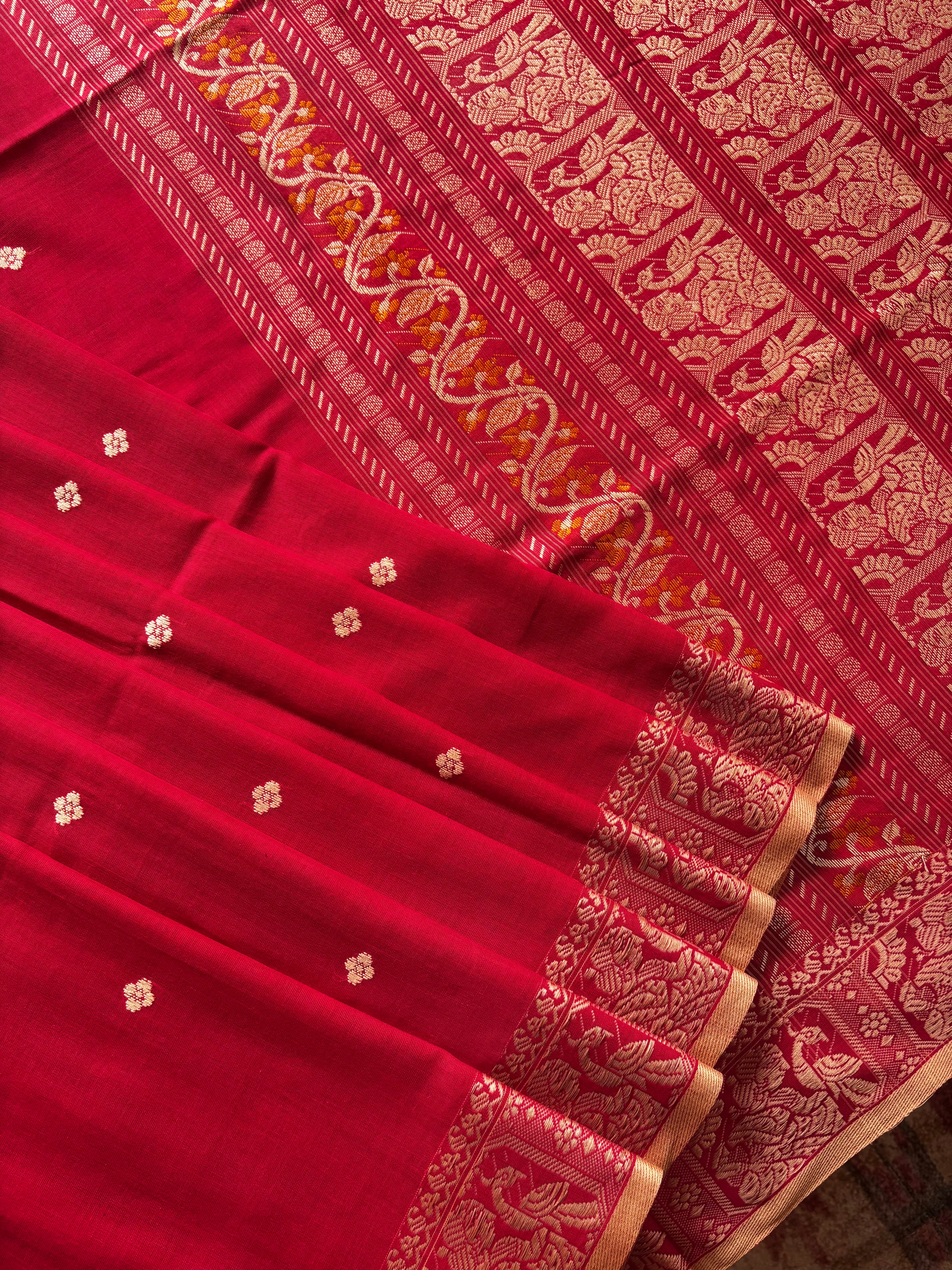 Handwoven Red Colour Cotton Baluchari Saree