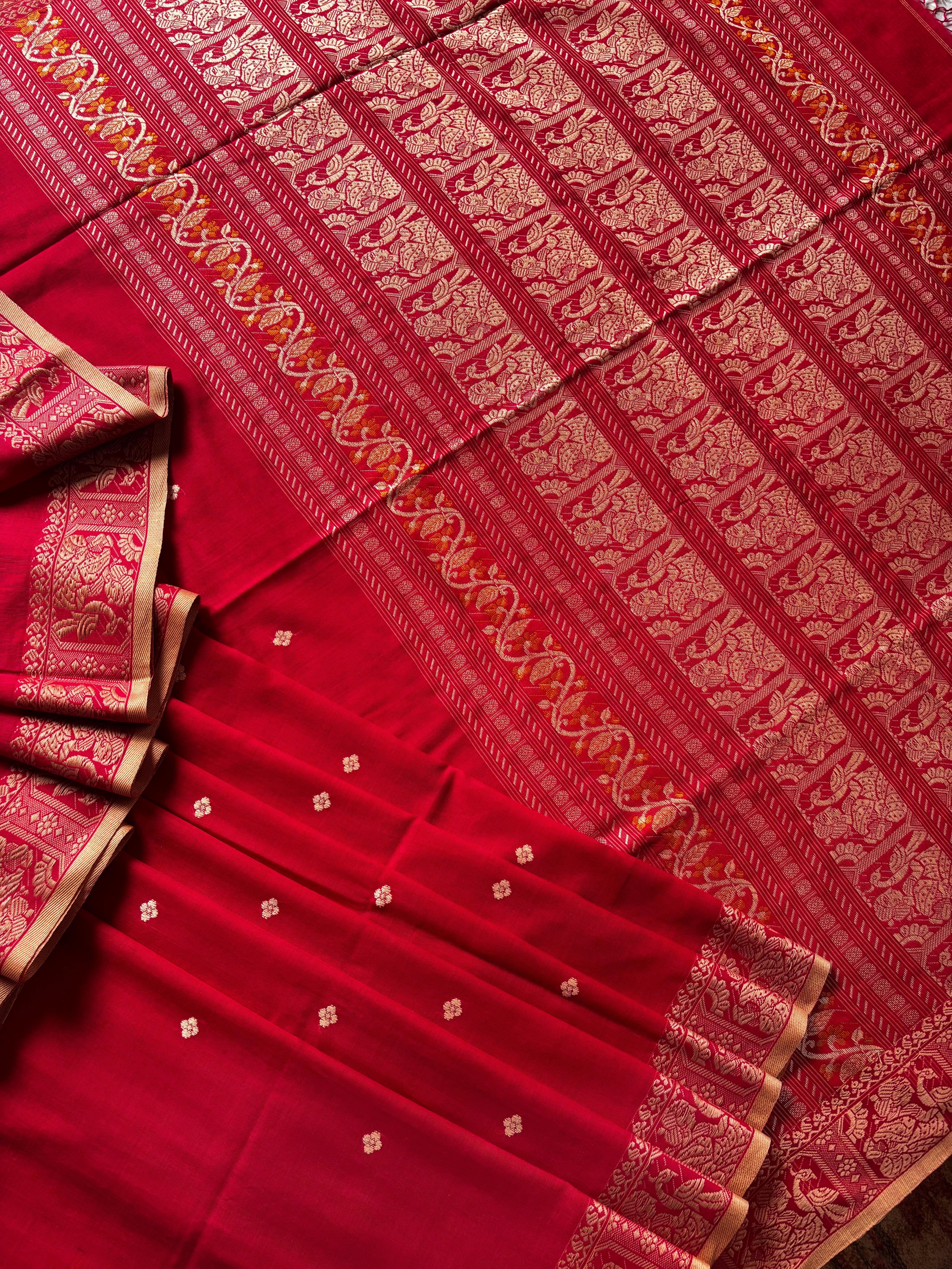 Handwoven Red Colour Cotton Baluchari Saree
