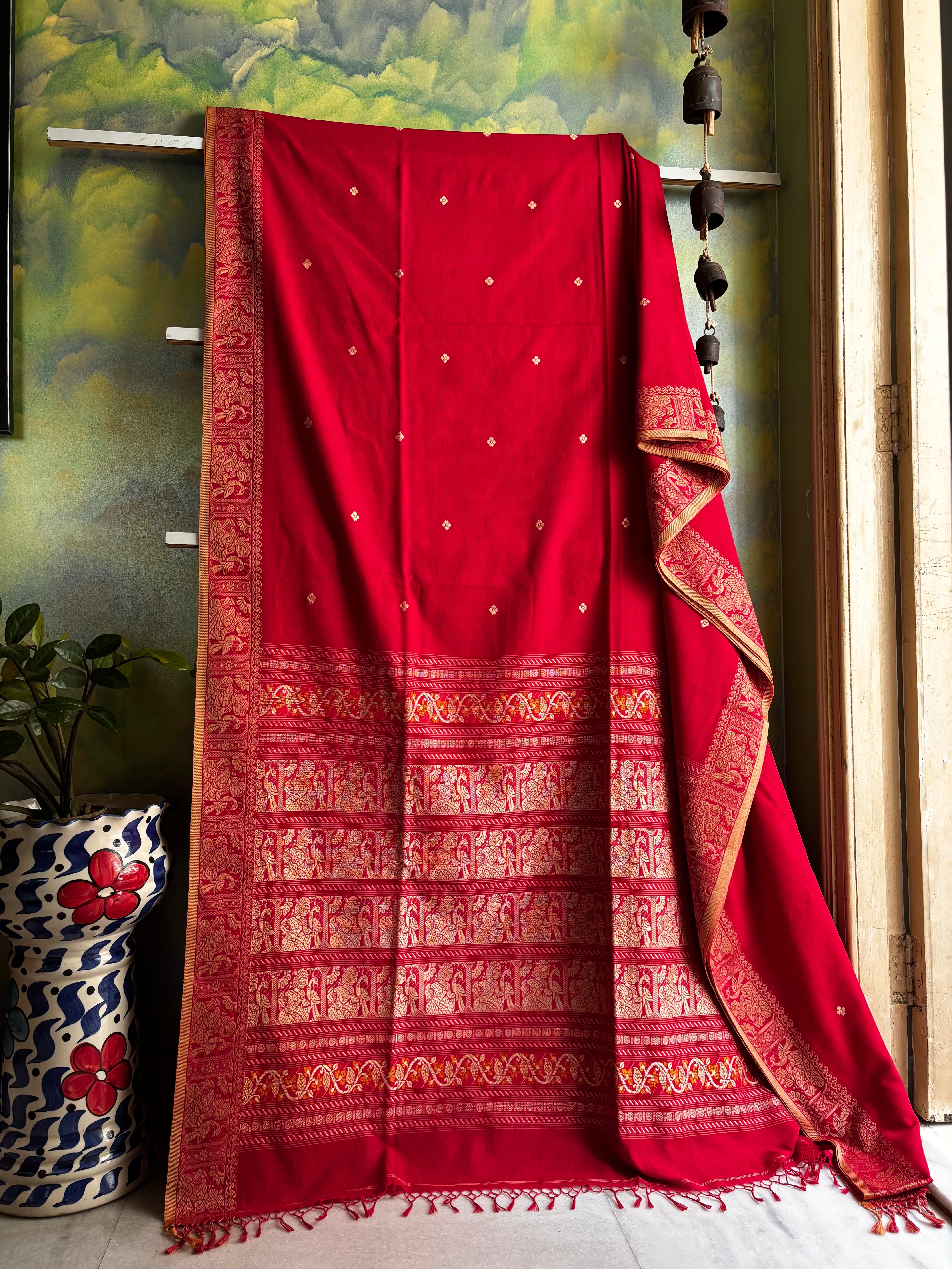 Handwoven Red Colour Cotton Baluchari Saree