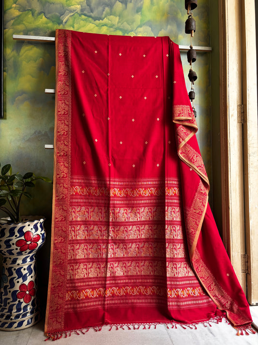 Handwoven Red Colour Cotton Baluchari Saree