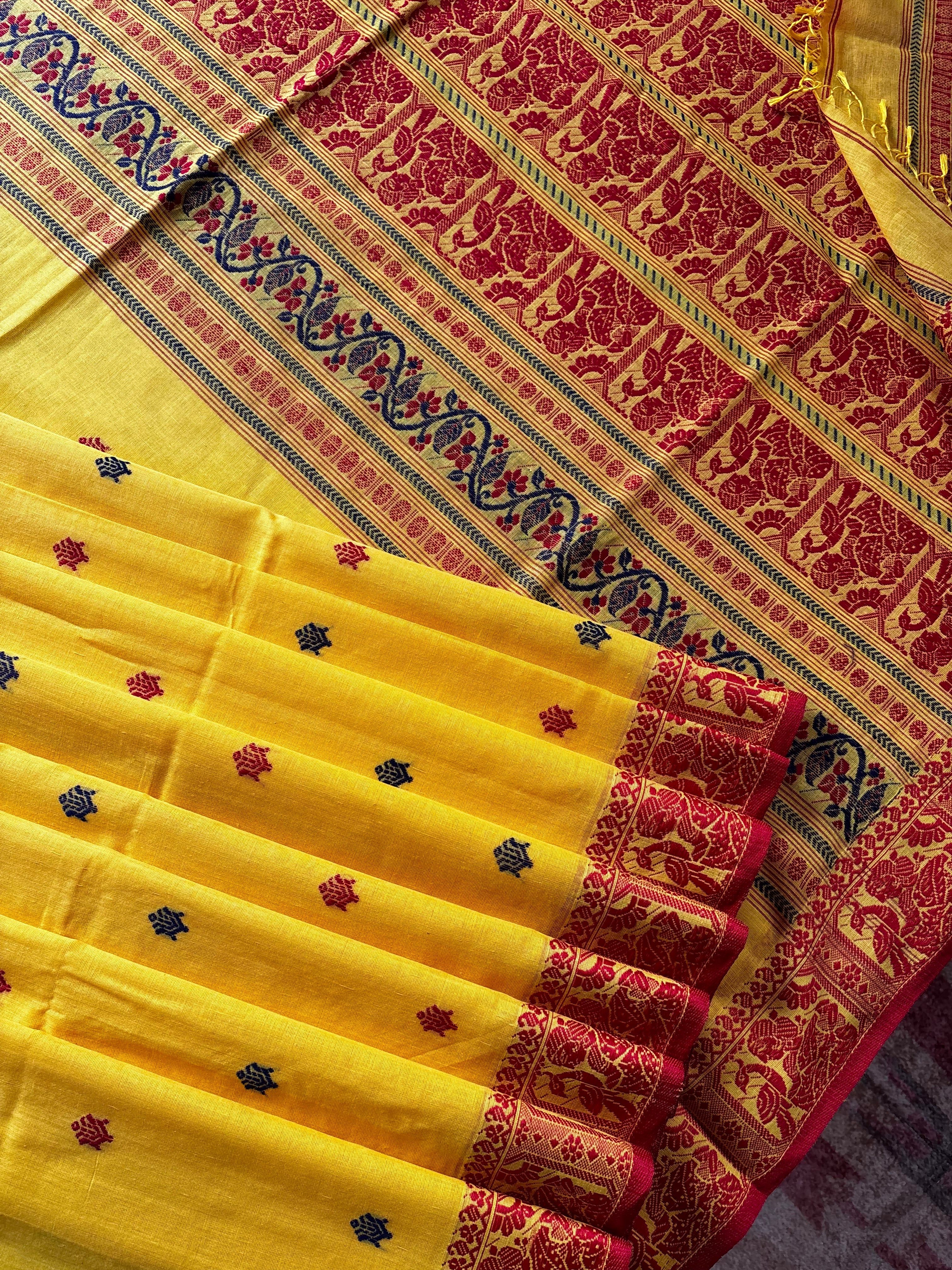 Handwoven Yellow Colour Cotton Baluchari Saree