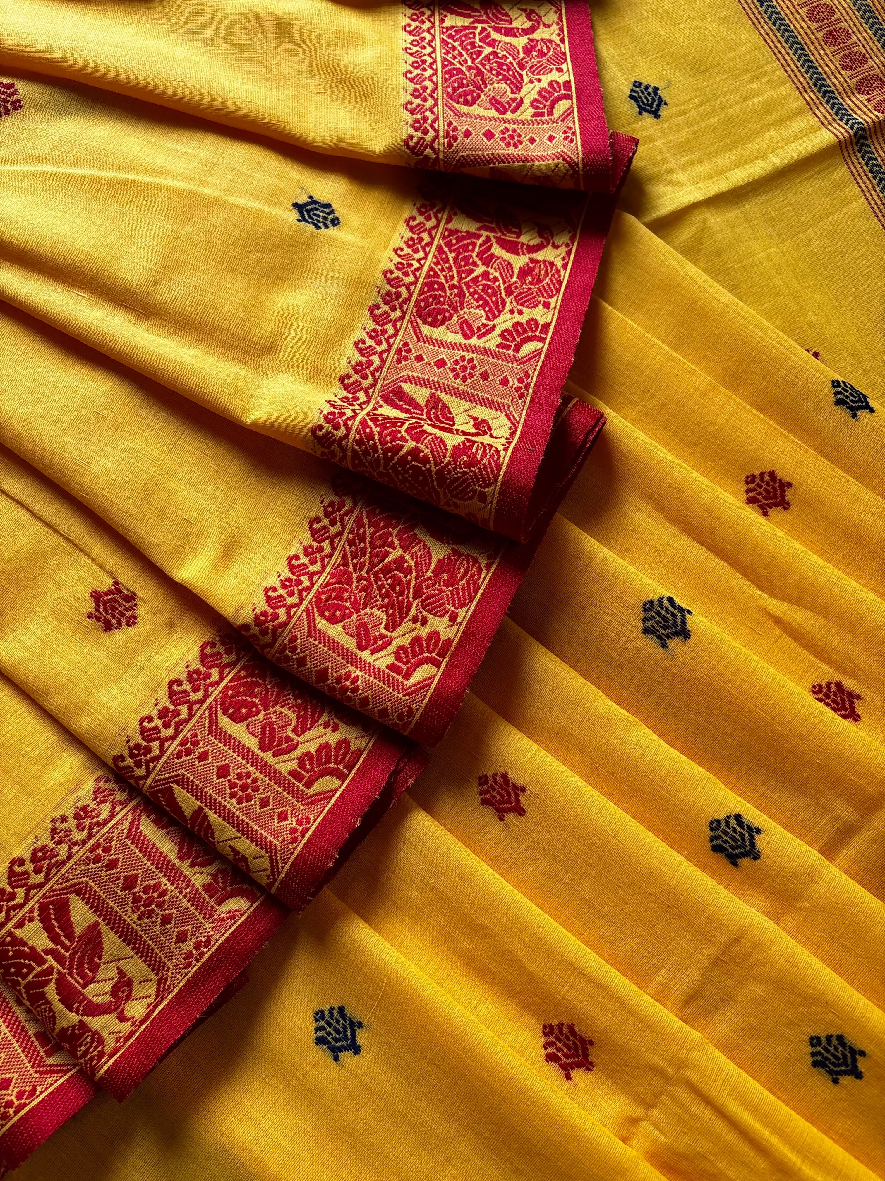 Handwoven Yellow Colour Cotton Baluchari Saree