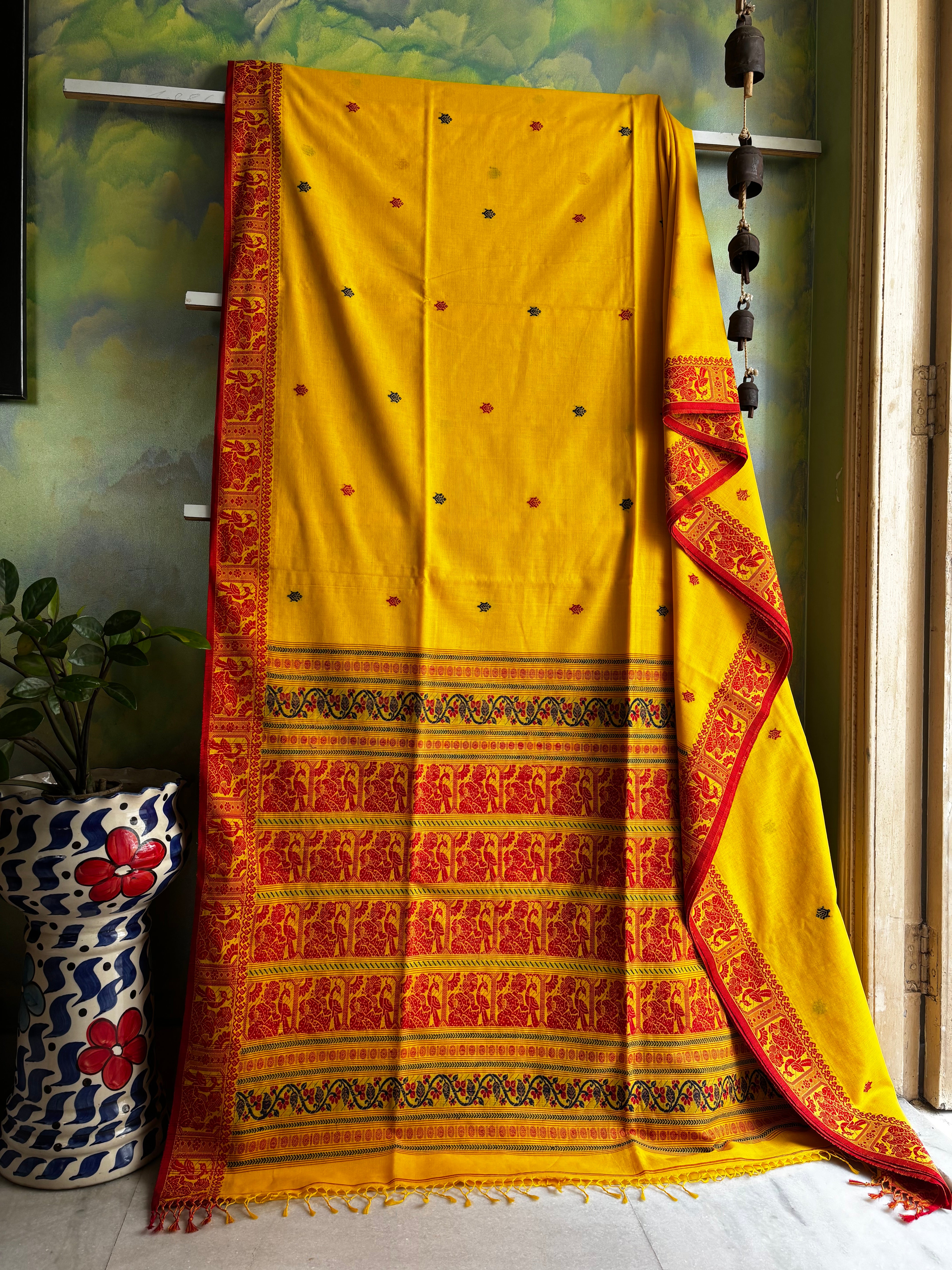 Handwoven Yellow Colour Cotton Baluchari Saree