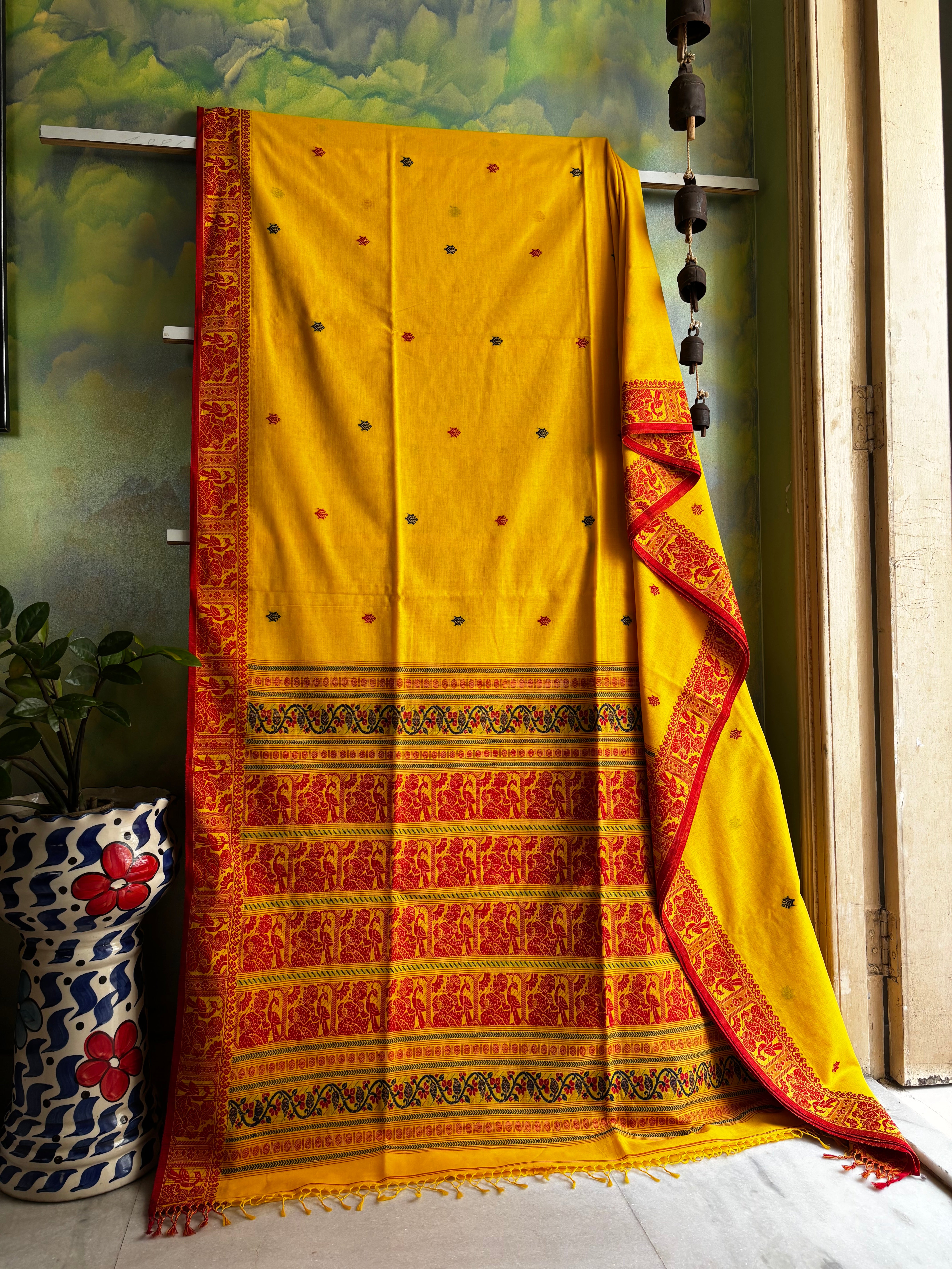 Handwoven Yellow Colour Cotton Baluchari Saree