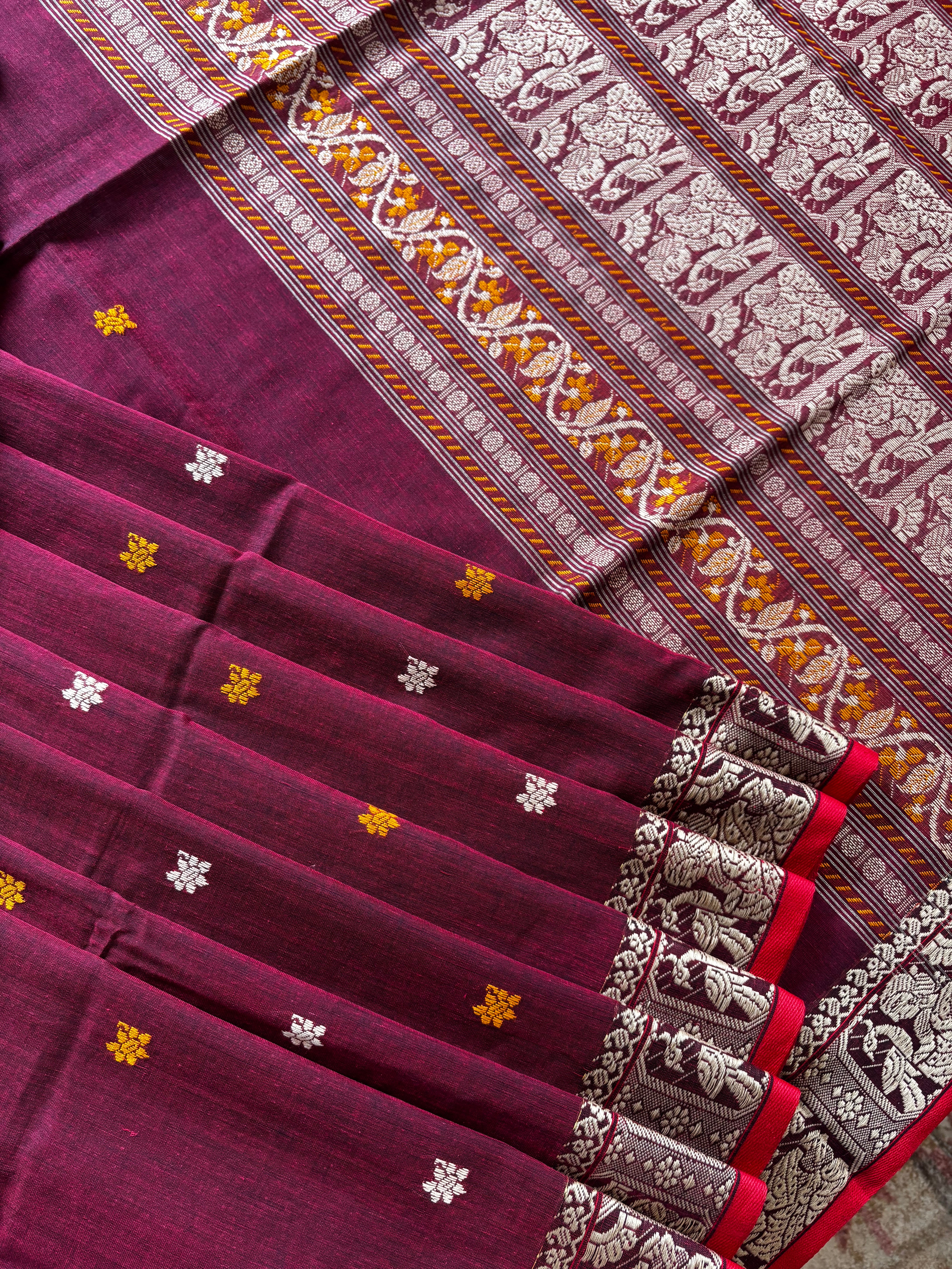 Handwoven Maroon Colour Cotton Baluchari Saree