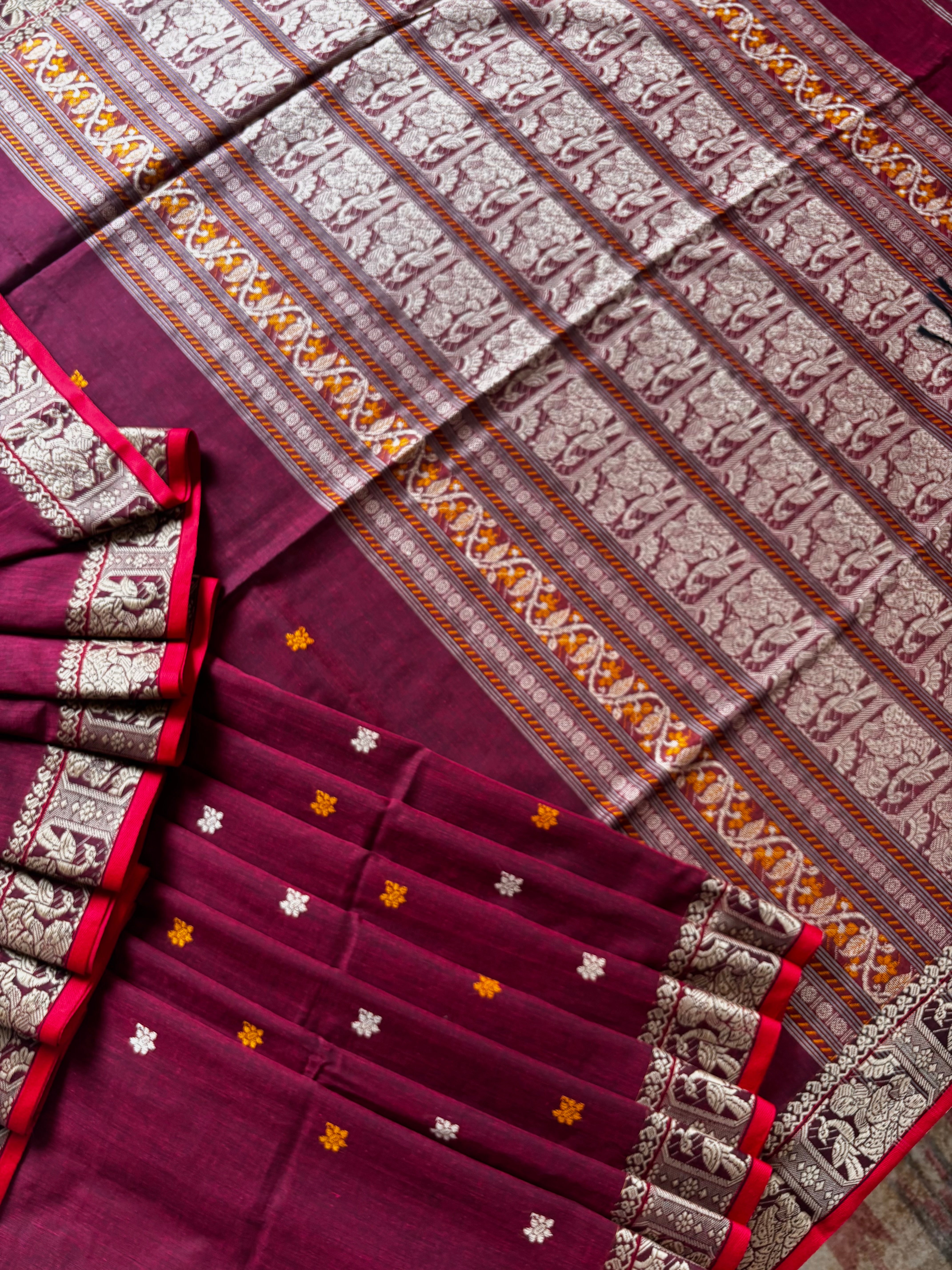 Handwoven Maroon Colour Cotton Baluchari Saree