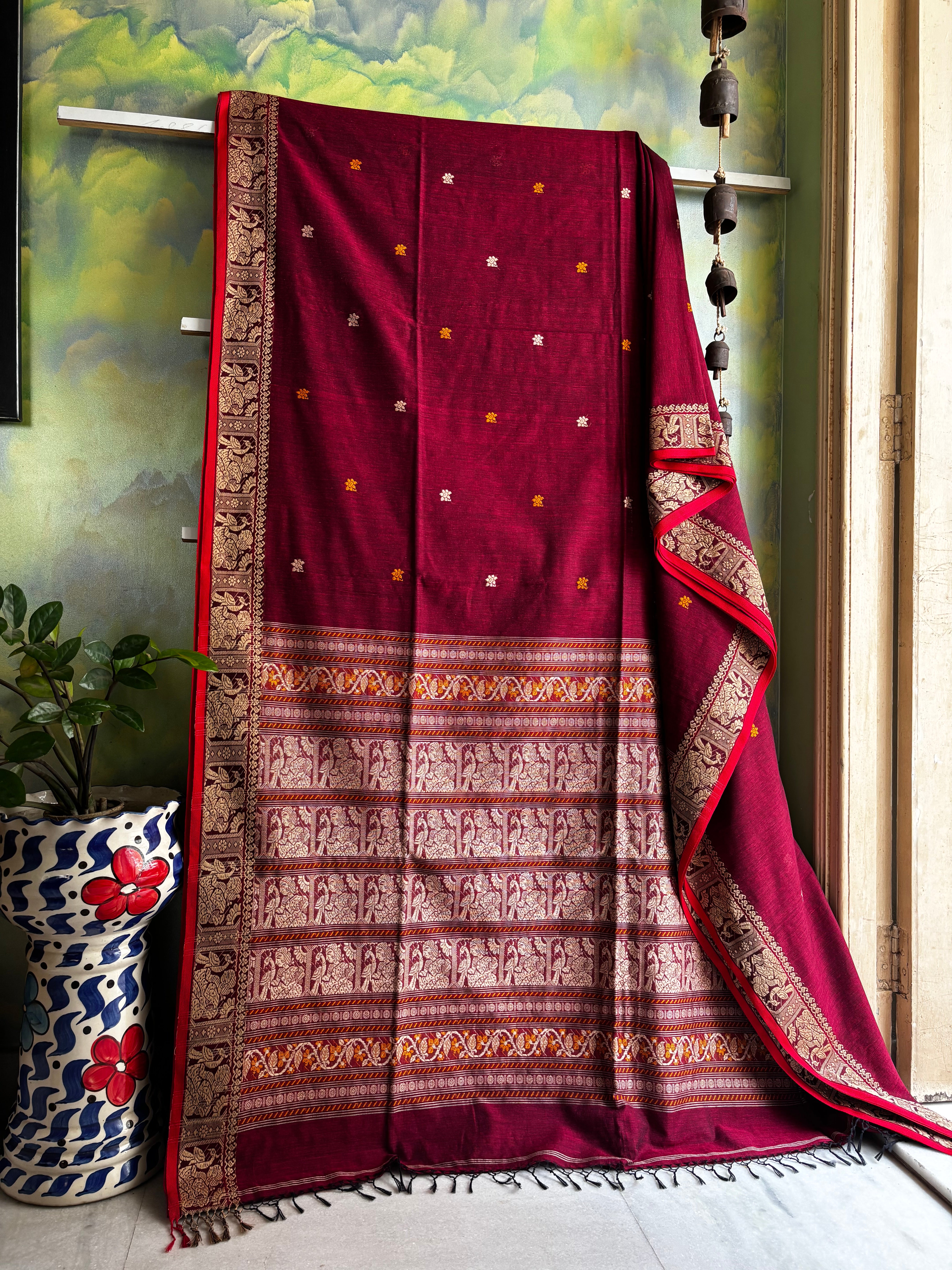 Handwoven Maroon Colour Cotton Baluchari Saree