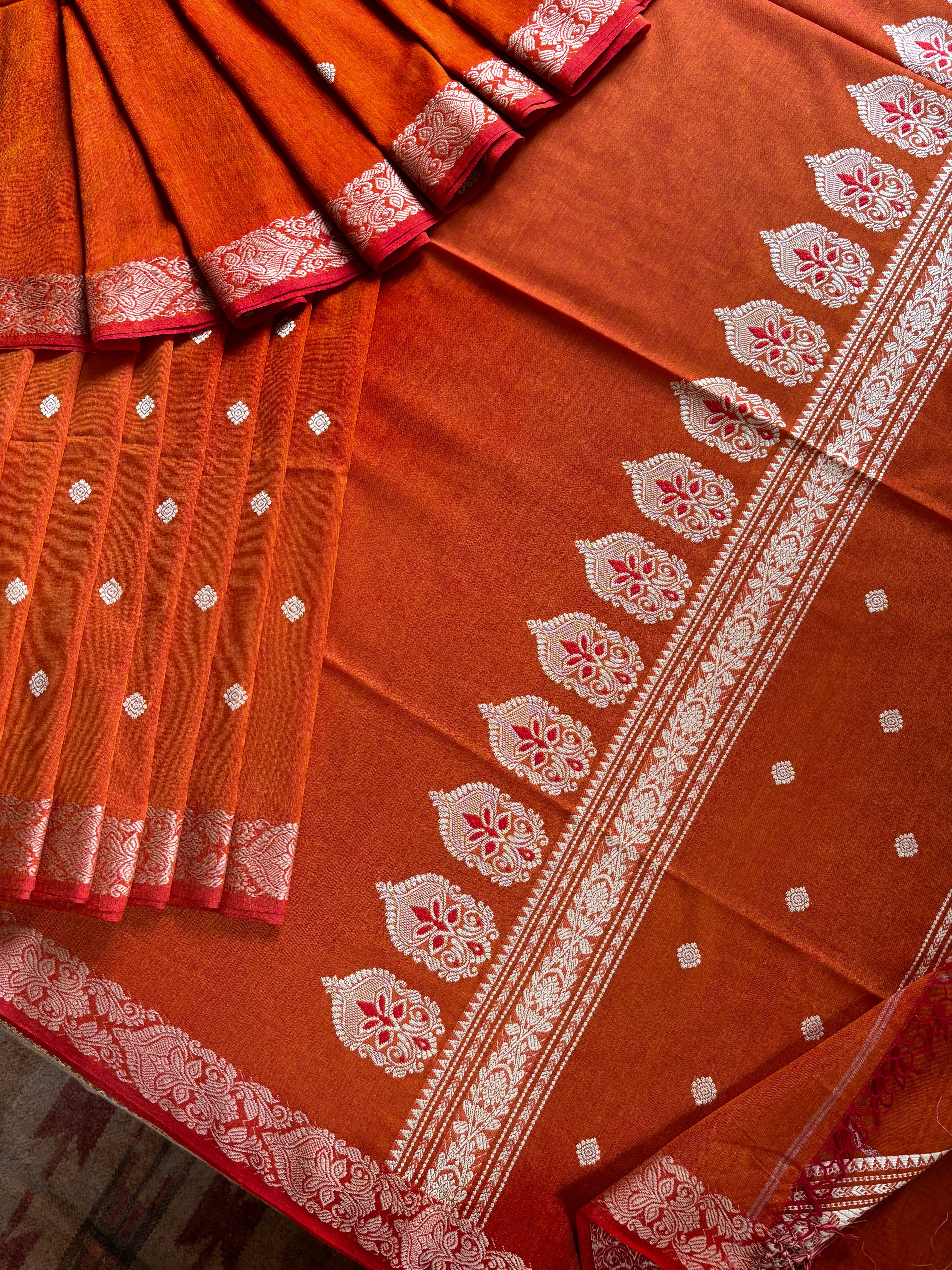 Handwoven Orange Colour Phulia Cotton Saree