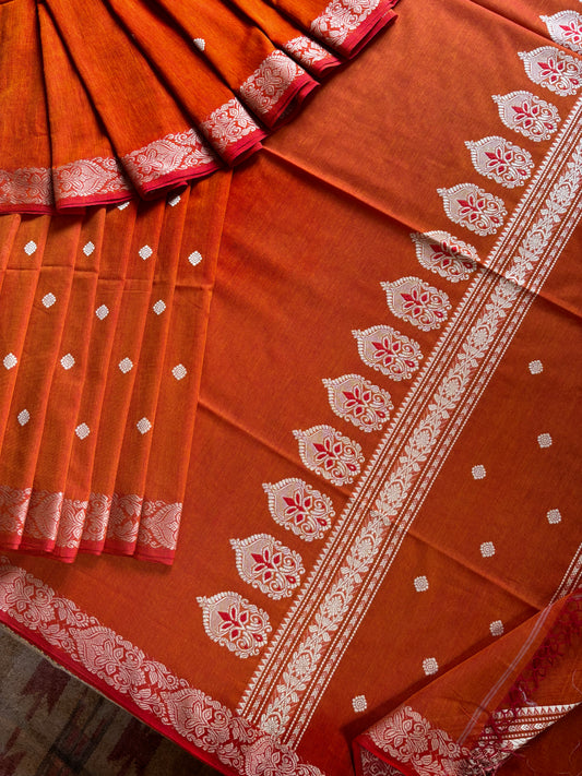 Handwoven Orange Colour Phulia Cotton Saree