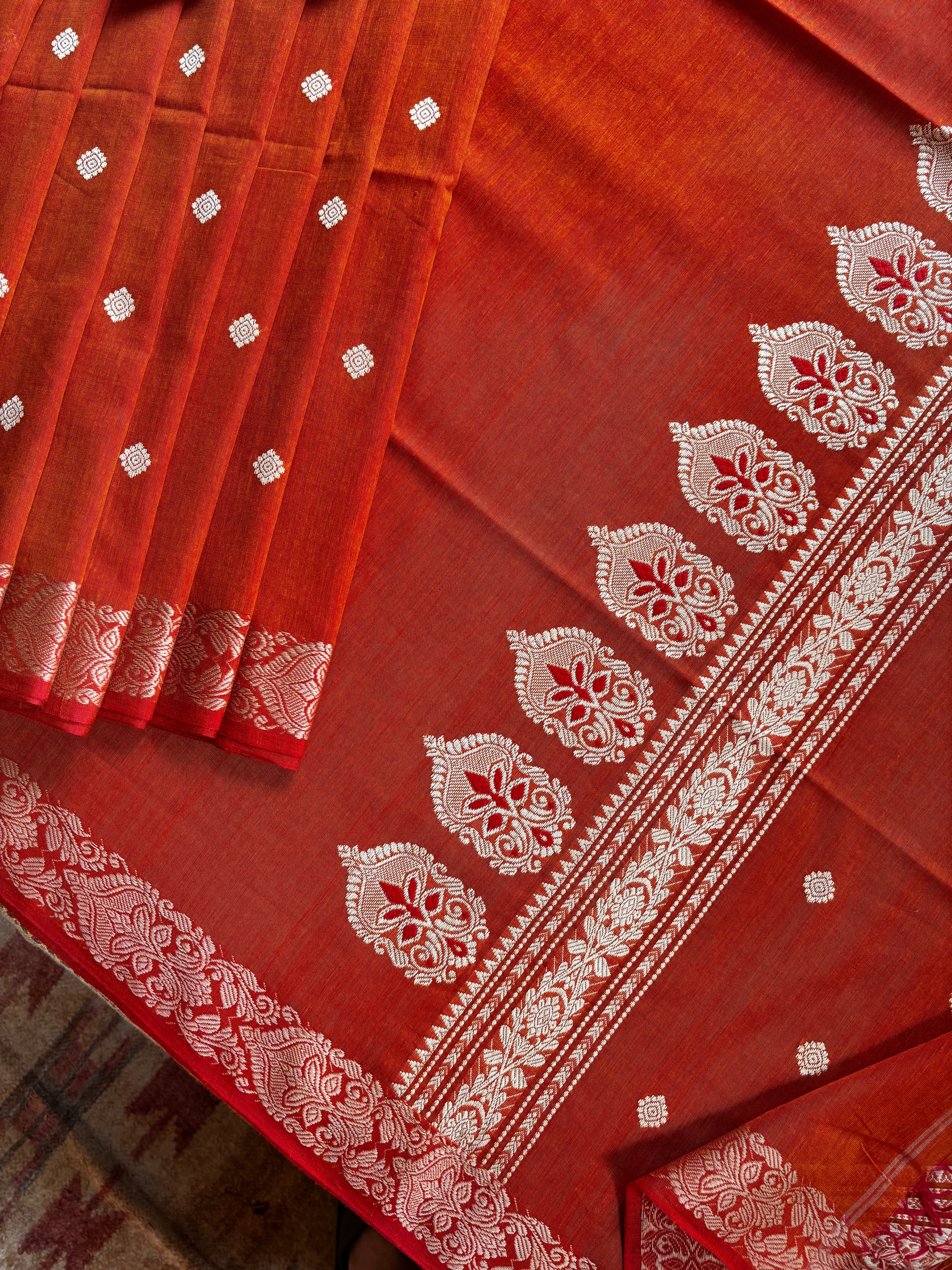 Handwoven Orange Colour Phulia Cotton Saree