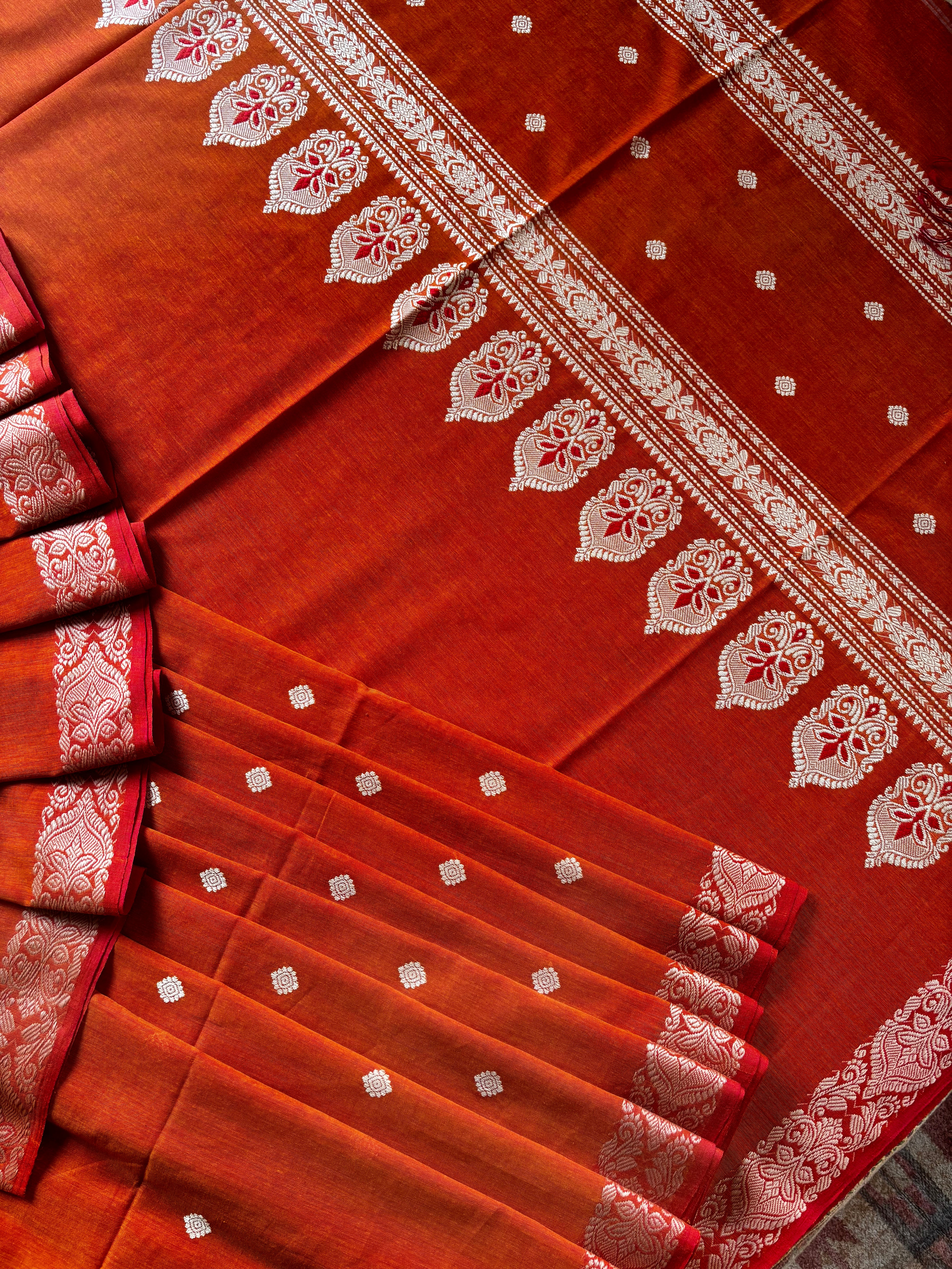 Handwoven Orange Colour Phulia Cotton Saree