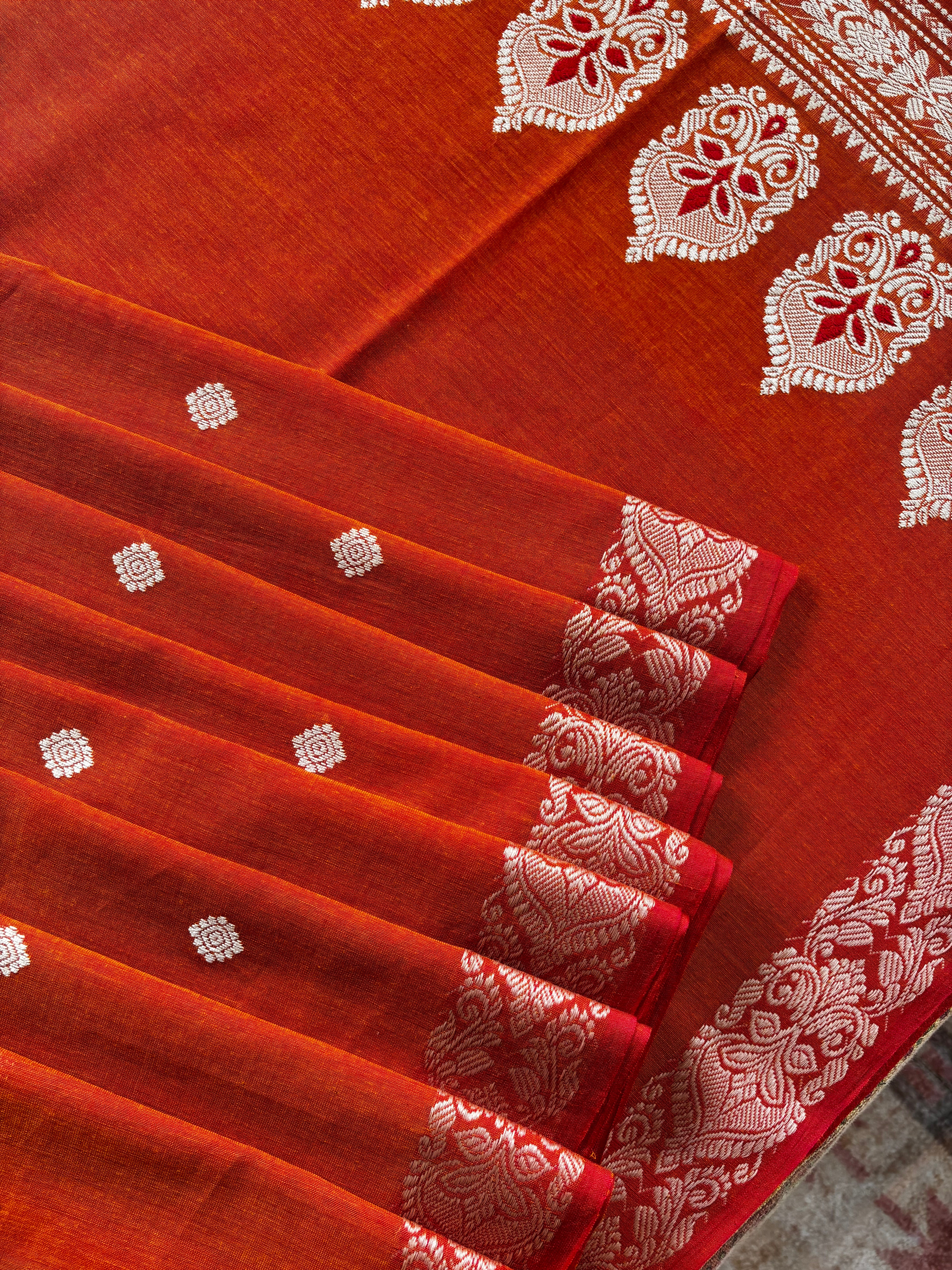 Handwoven Orange Colour Phulia Cotton Saree