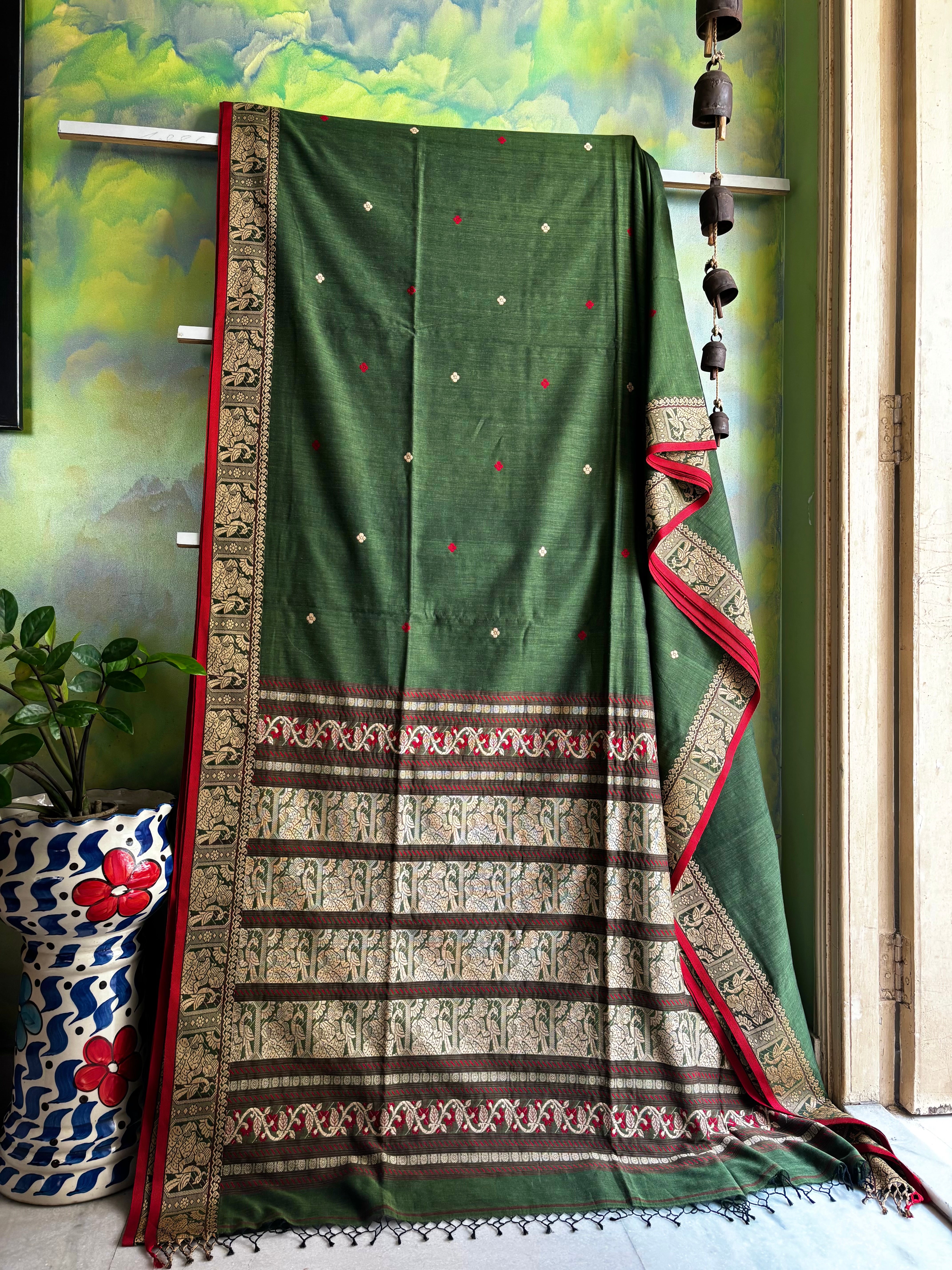 Handwoven Matte Pastel Green Colour Cotton Baluchari Saree
