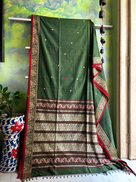 Handwoven Matte Pastel Green Colour Cotton Baluchari Saree