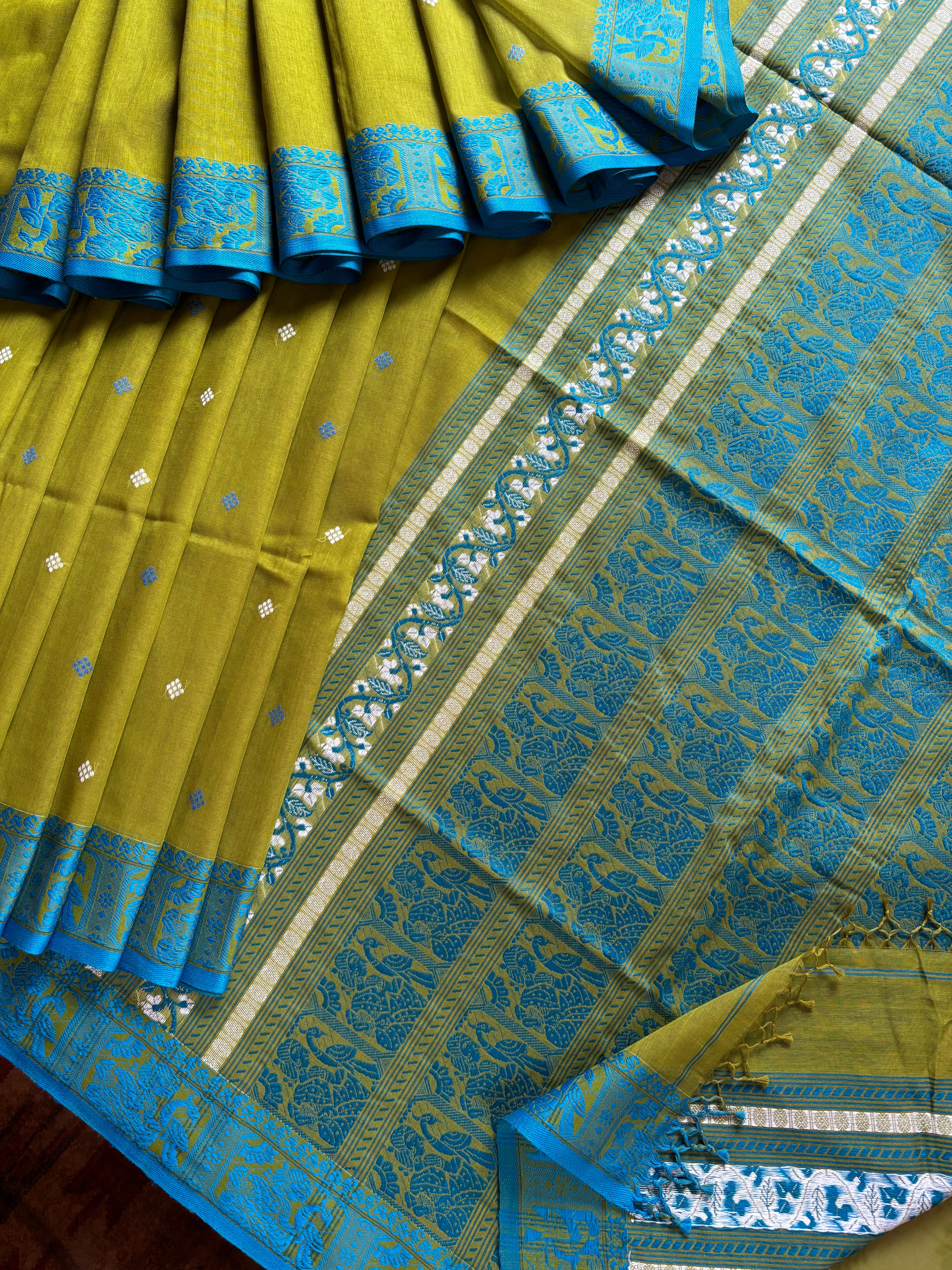 Handwoven Lime Green Colour Cotton Baluchari Saree