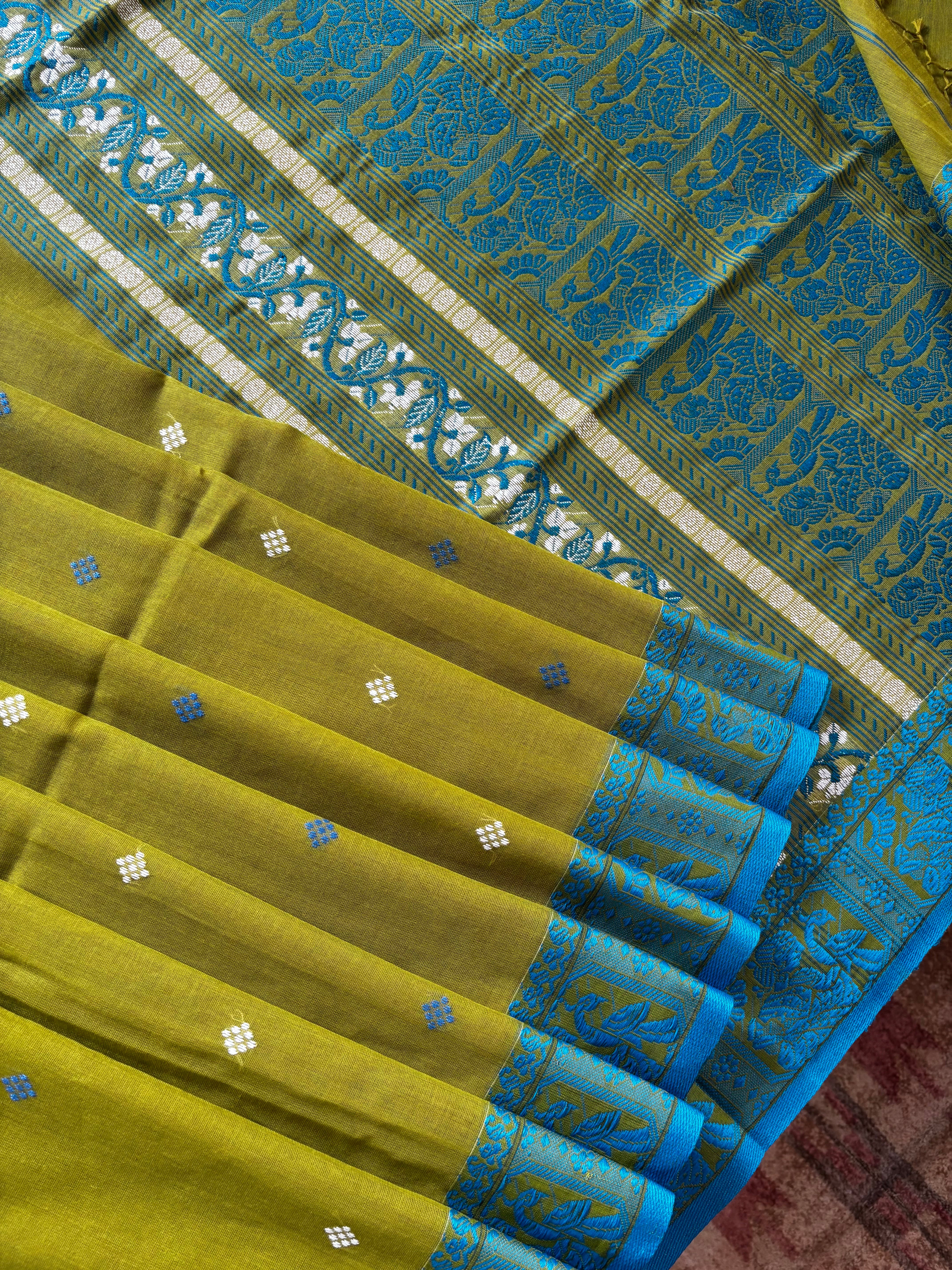 Handwoven Lime Green Colour Cotton Baluchari Saree