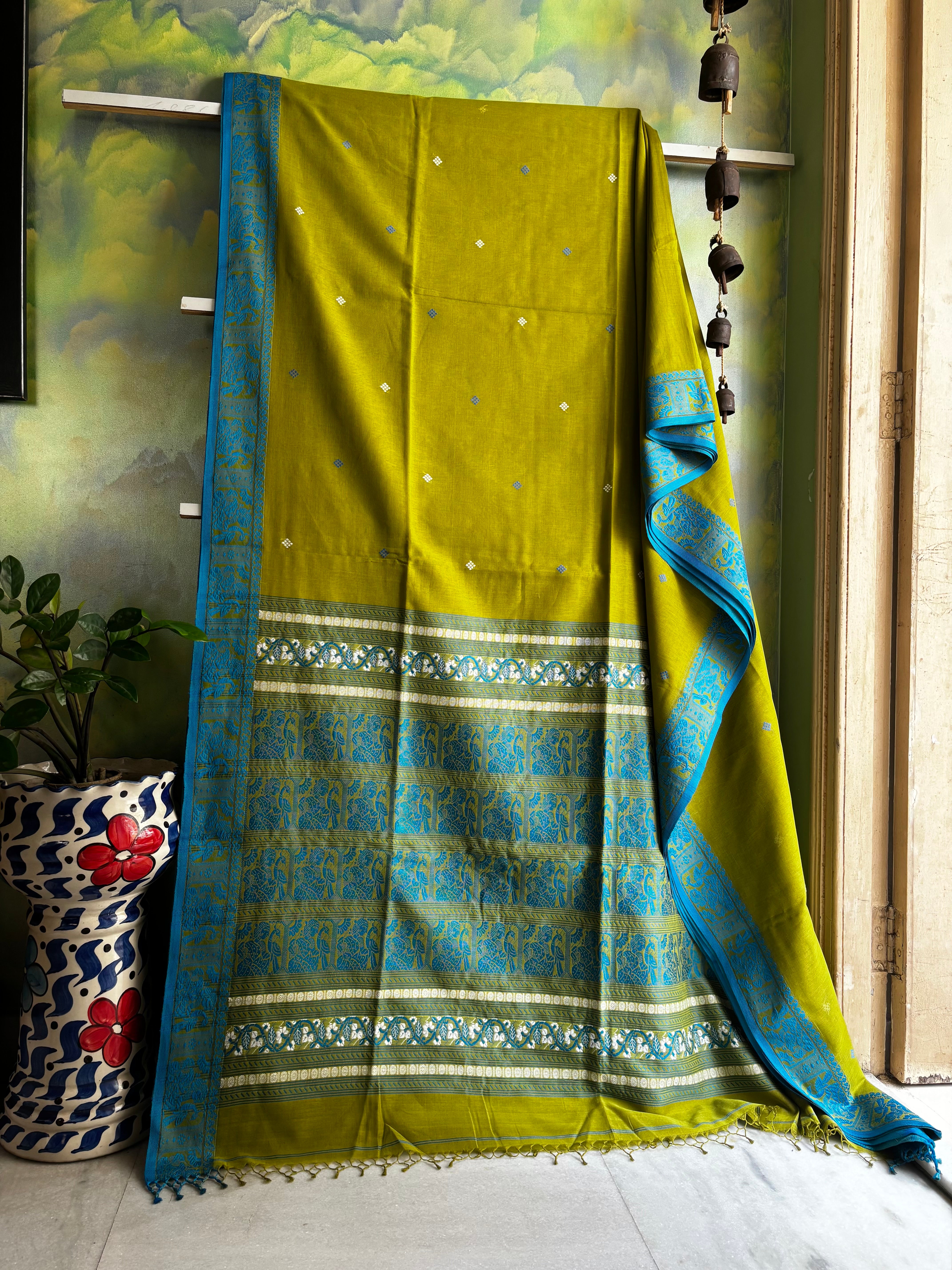 Handwoven Lime Green Colour Cotton Baluchari Saree