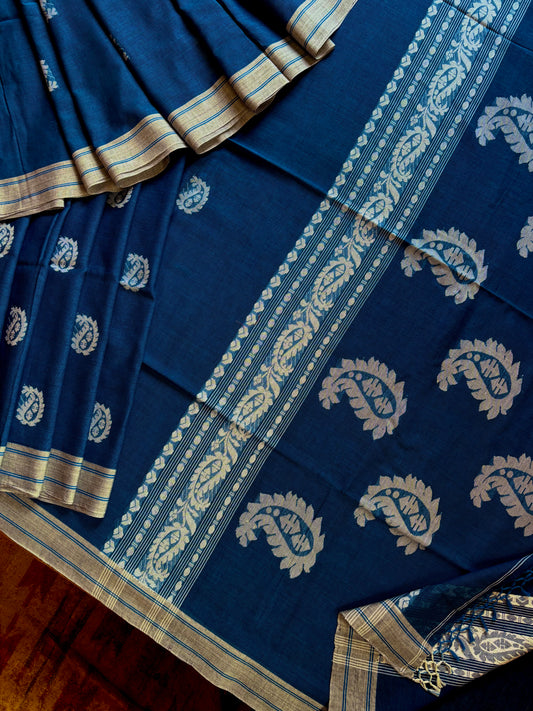 Handwoven Blue White Pure Cotton Jamdani Saree