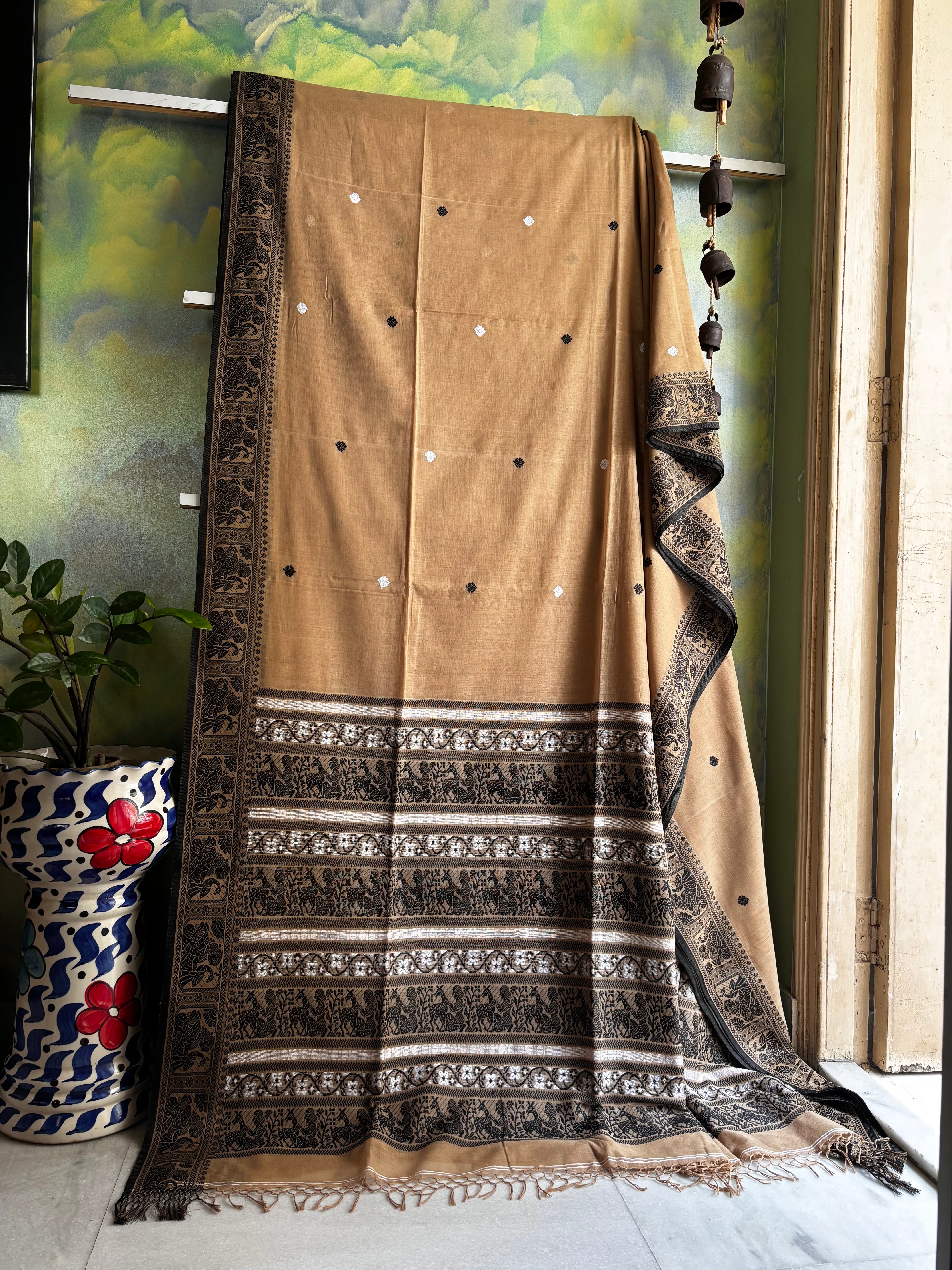 Handwoven Light Brown Colour Cotton Baluchari Saree