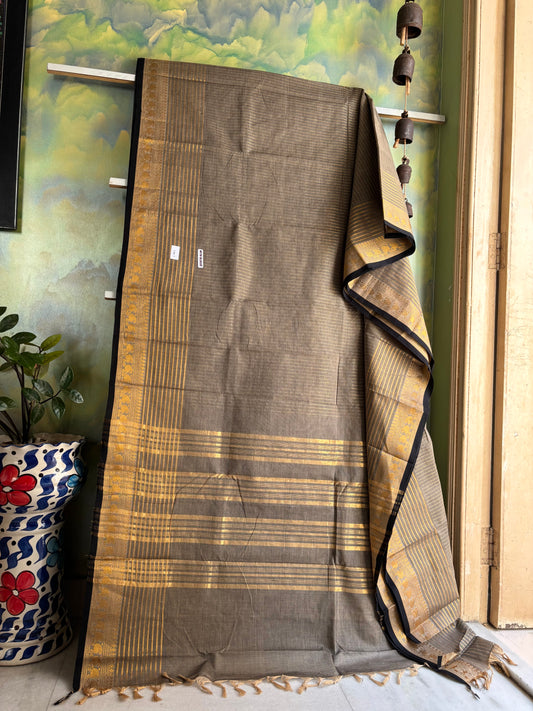 Handwoven Grey Gold Zari Kanchipuram Cotton Saree