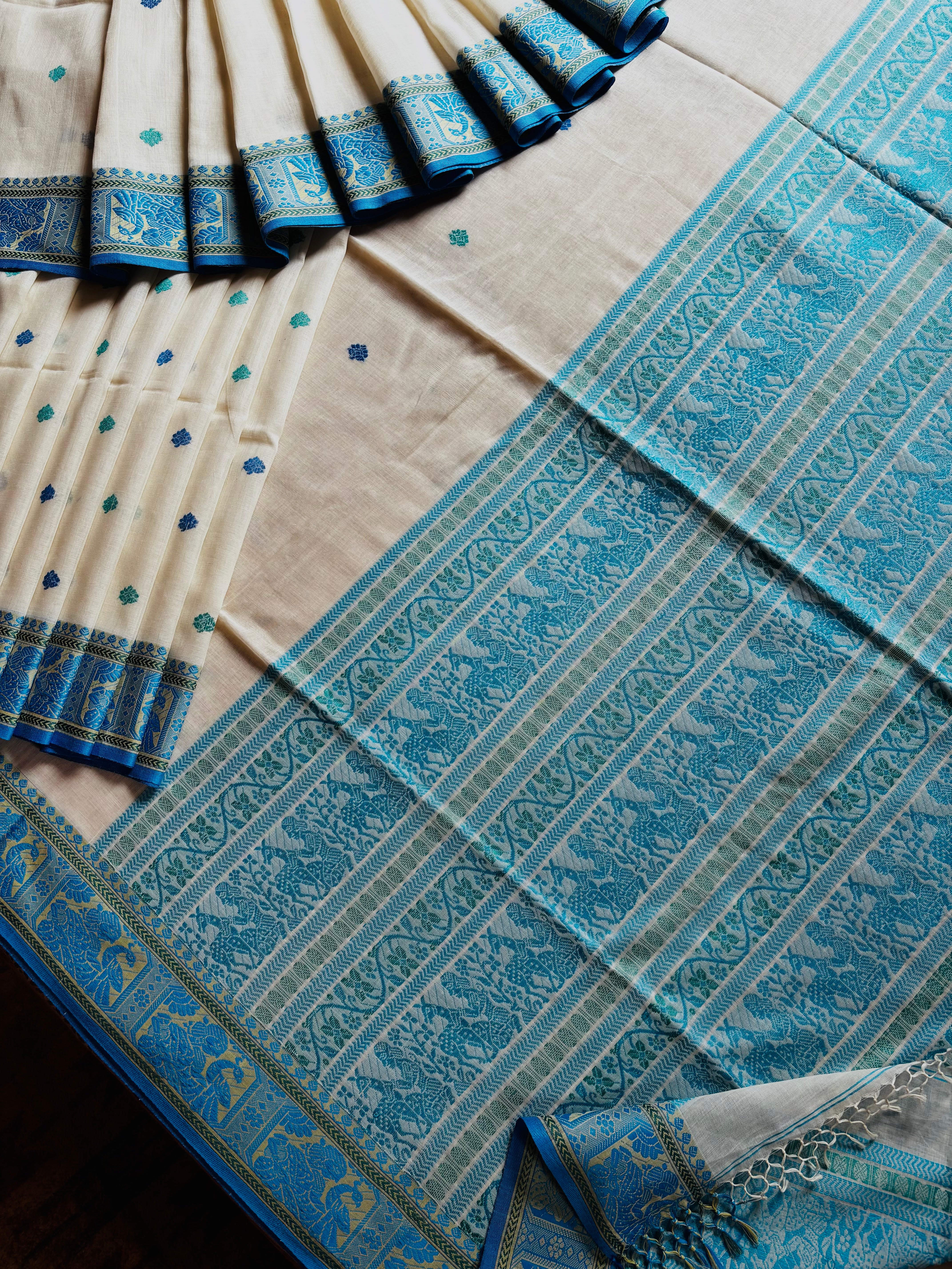Handwoven White Blue Green Cotton Baluchari Saree